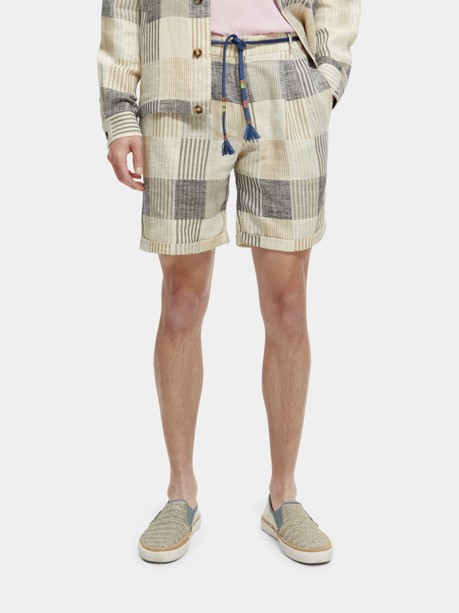 Twilt linen blend jacquard check pleated shorts - Blue Check