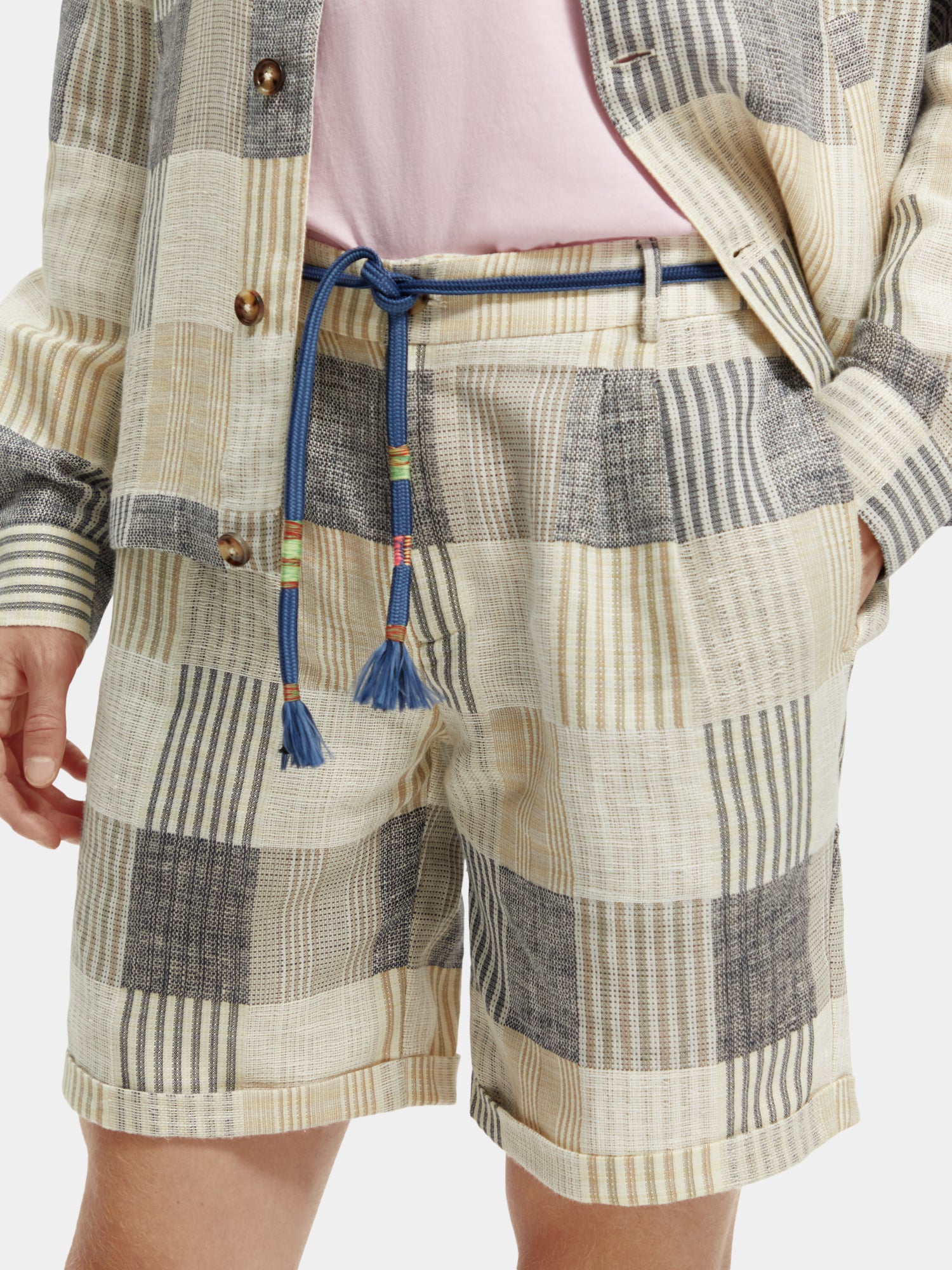 Twilt linen blend jacquard check pleated shorts - Blue Check