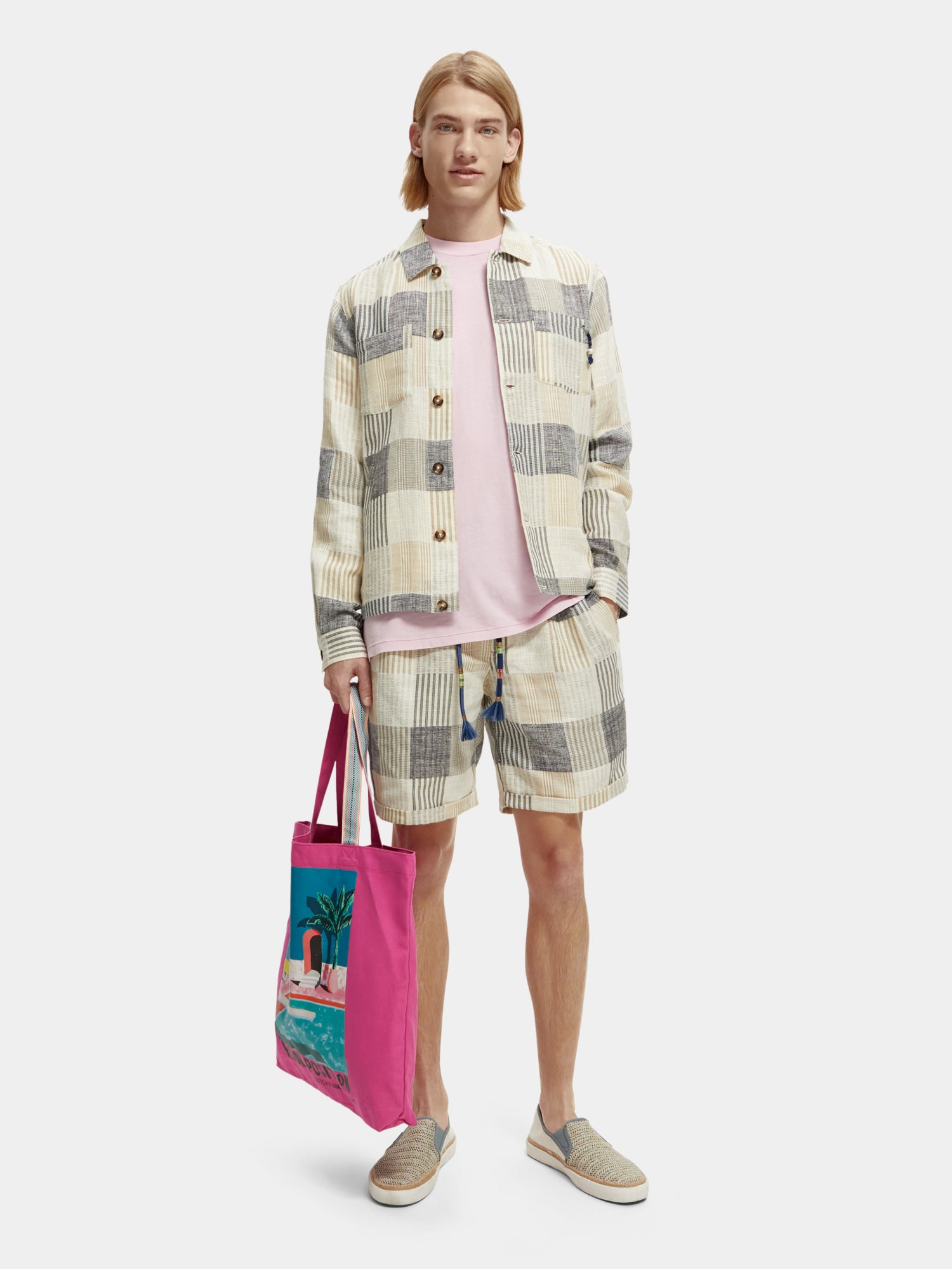 Twilt linen blend jacquard check pleated shorts - Blue Check