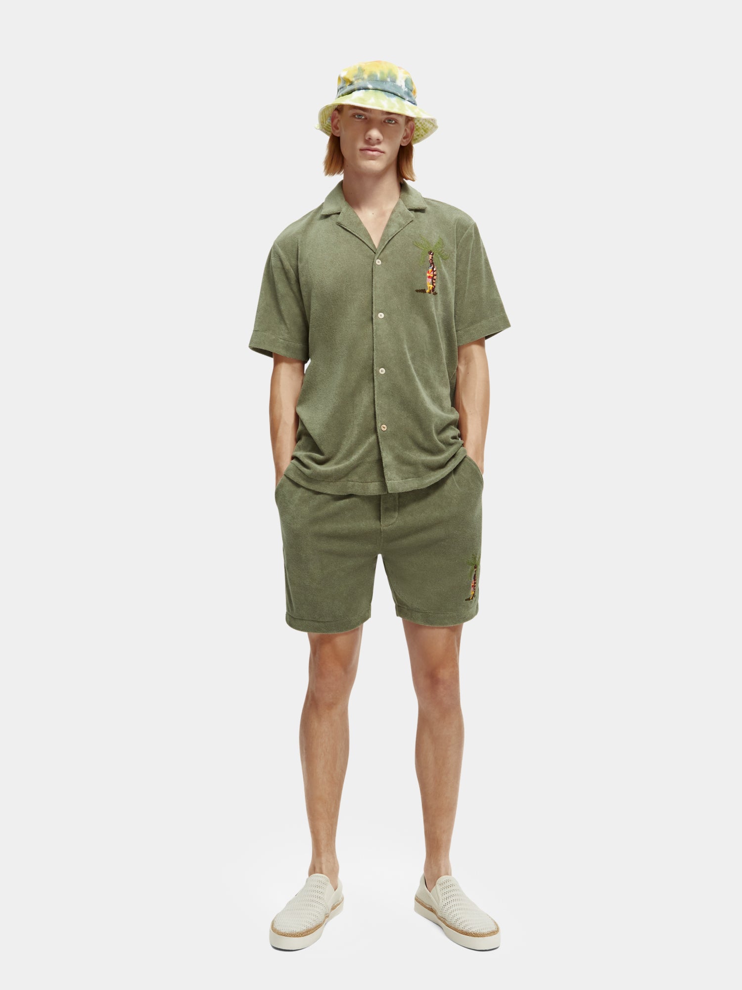 Toweling shirt with embroidery at chest - Army