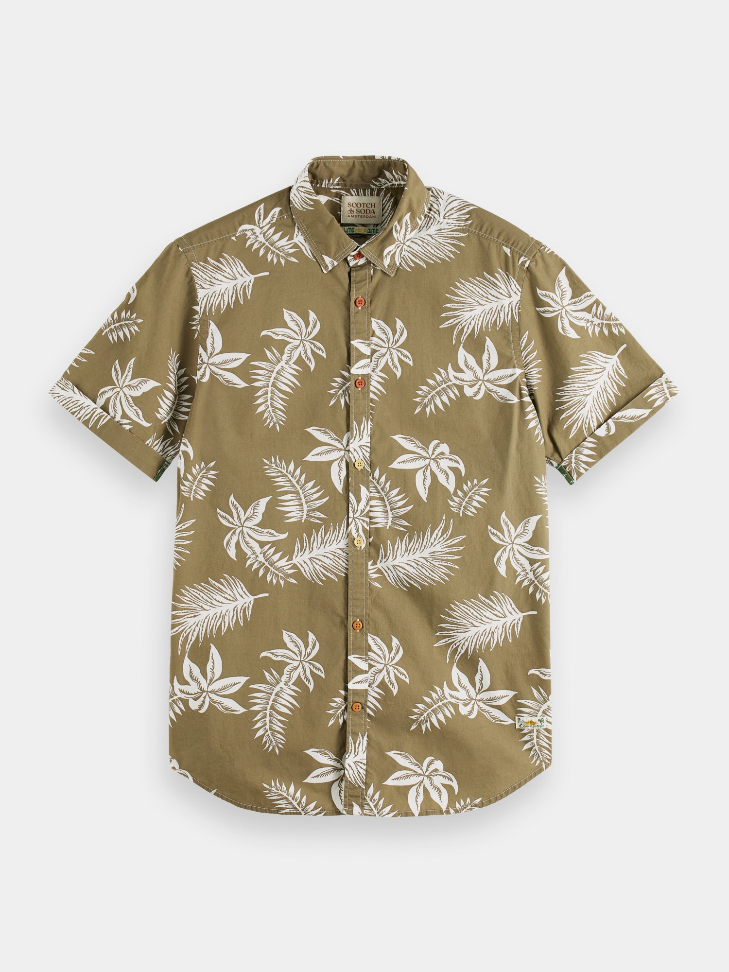 Printed & washed short-sleeved poplin shirt - Khaki Leaf