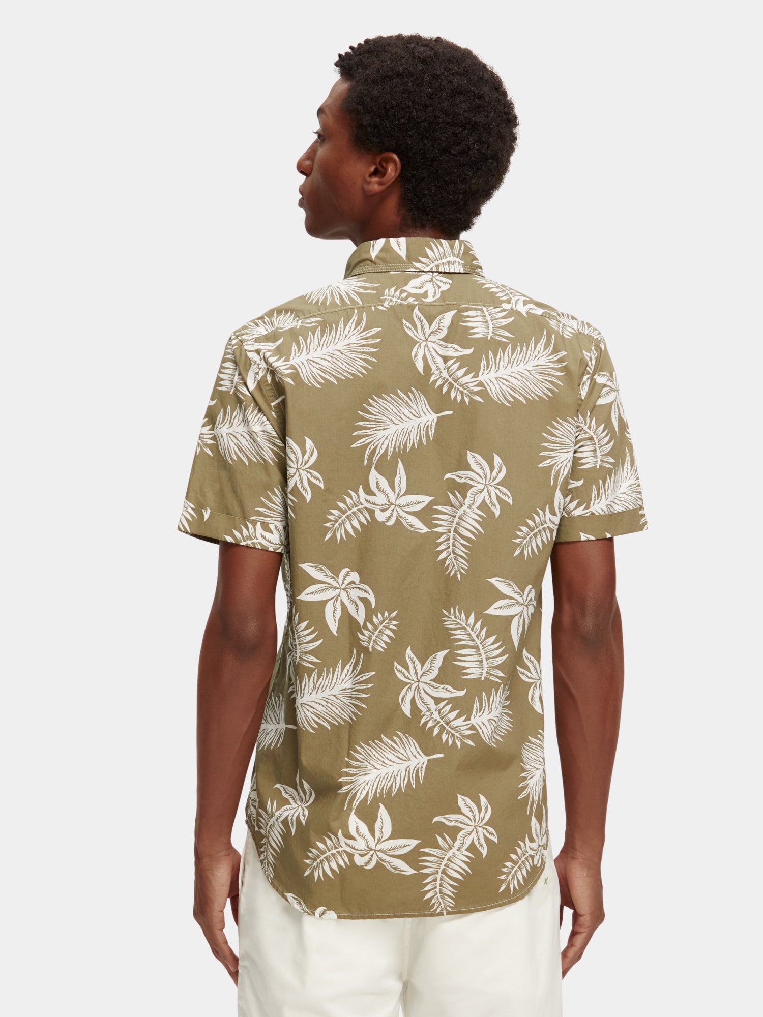 Printed & washed short-sleeved poplin shirt - Khaki Leaf