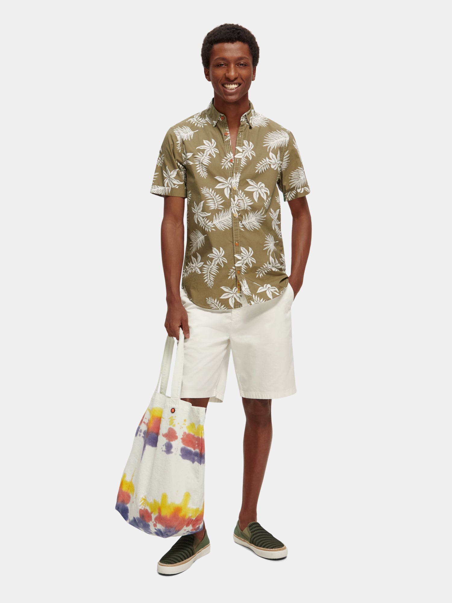 Printed & washed short-sleeved poplin shirt - Khaki Leaf