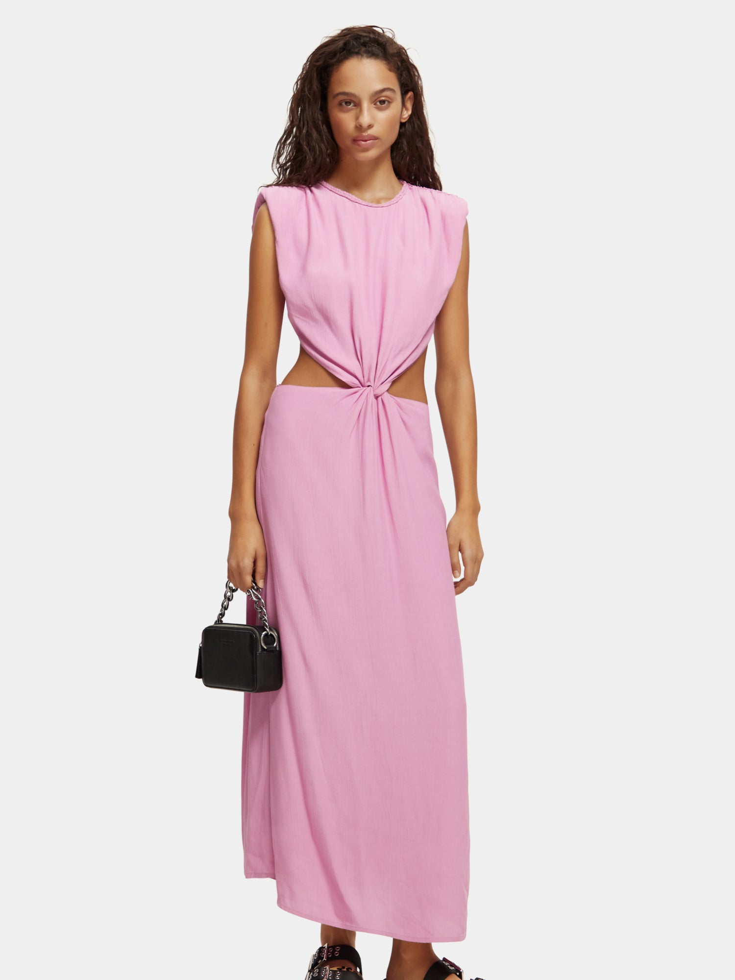 Draped structured shoulder midi dress - Orchid Pink