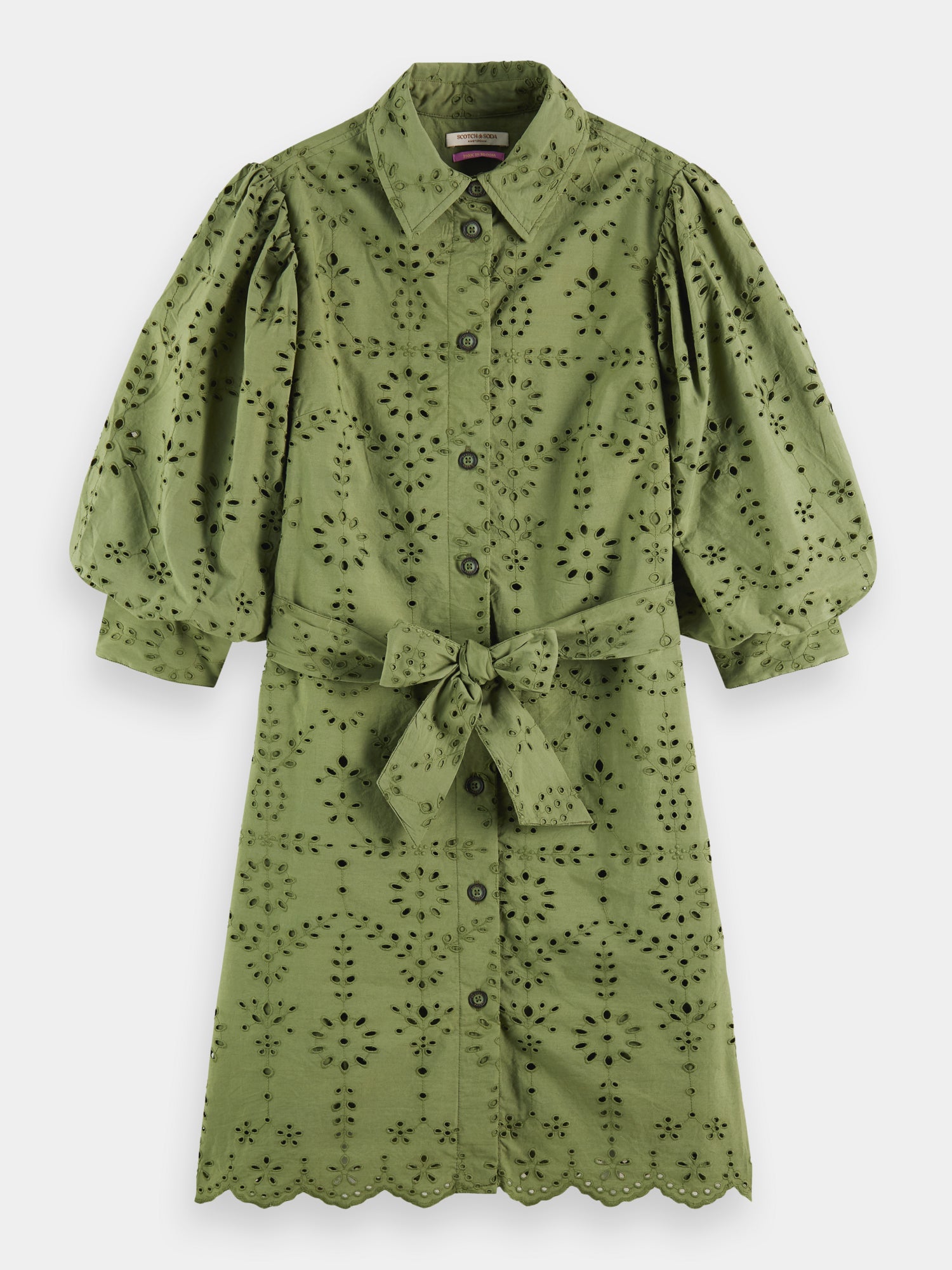 Puff sleeve embroidered shirt dress - Olive Green