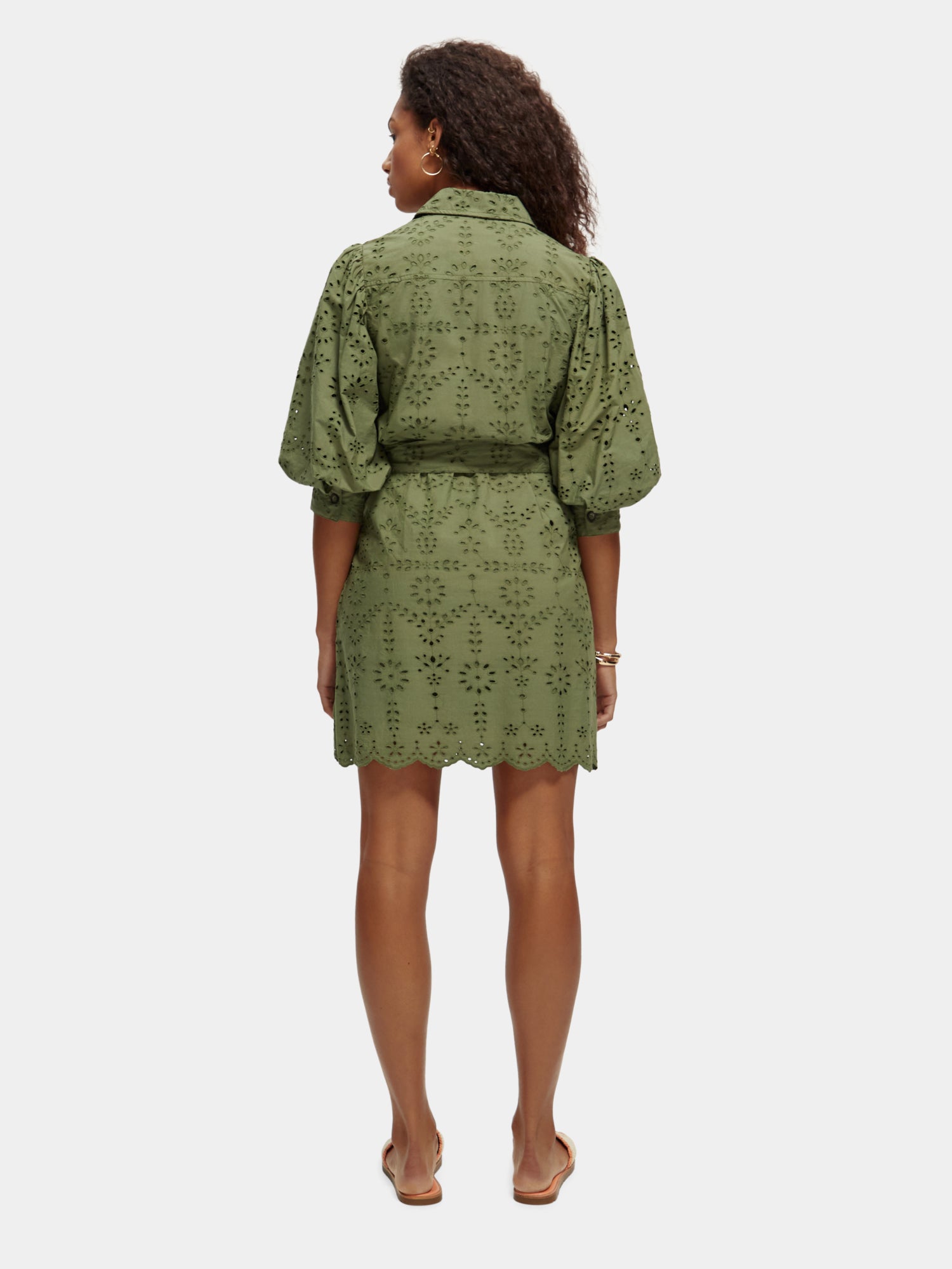 Puff sleeve embroidered shirt dress - Olive Green
