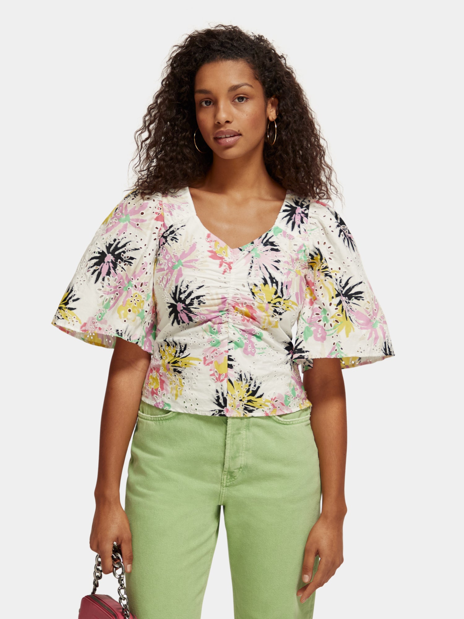 Ruched front flutter sleeve top - Aster White