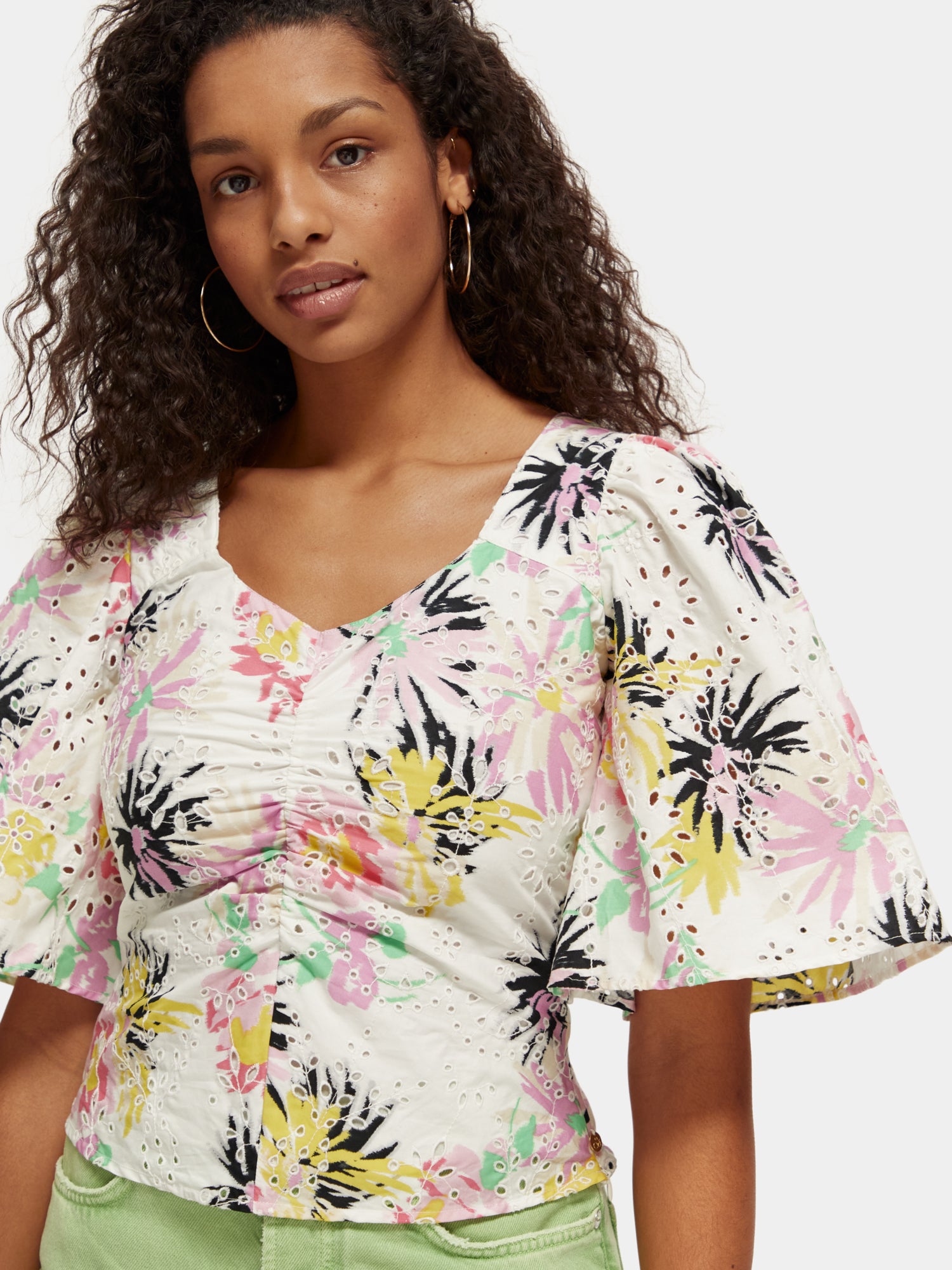 Ruched front flutter sleeve top - Aster White