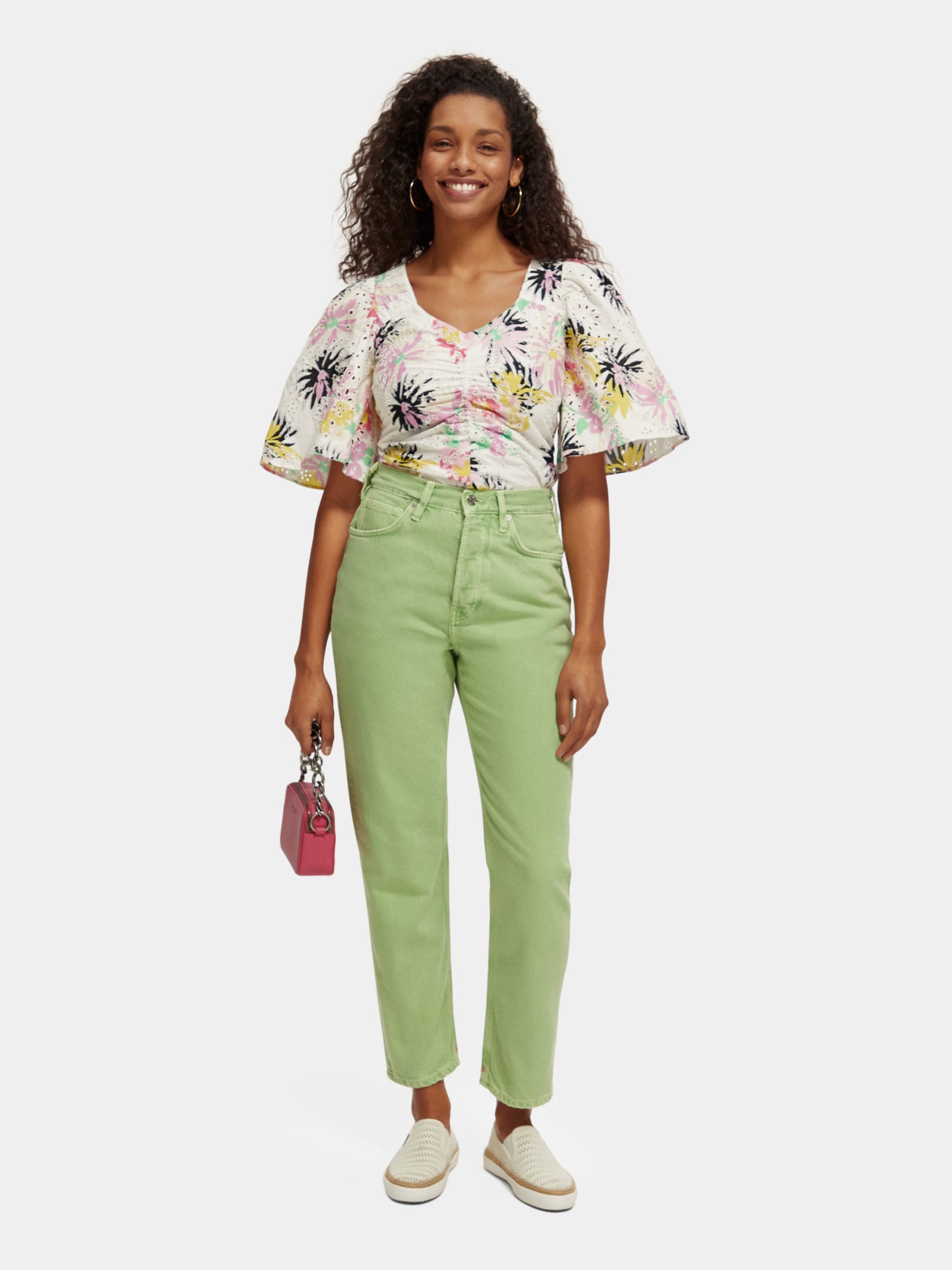 Ruched front flutter sleeve top - Aster White