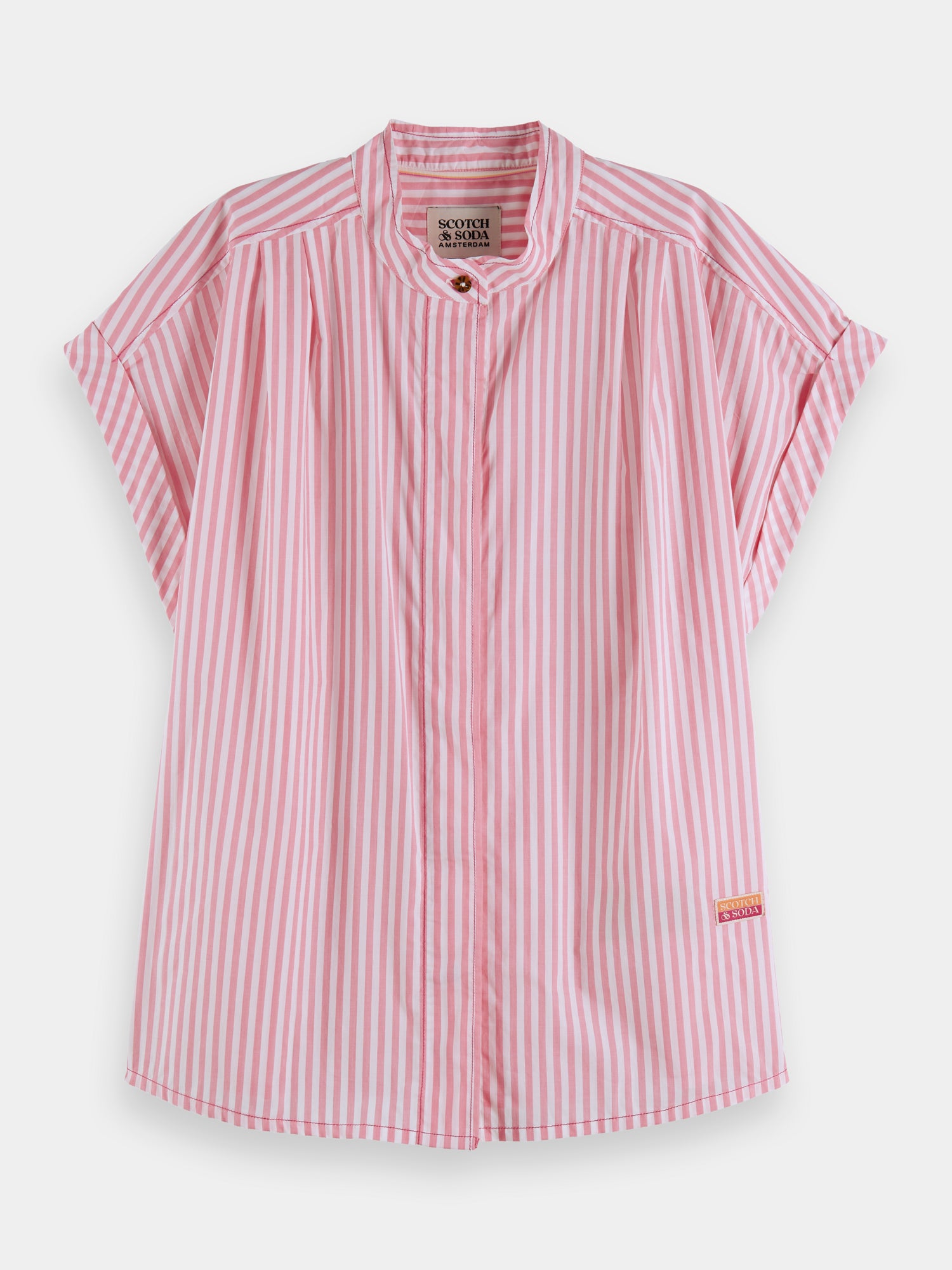 Extended shoulder roll sleeve shirt - Coral Stripe