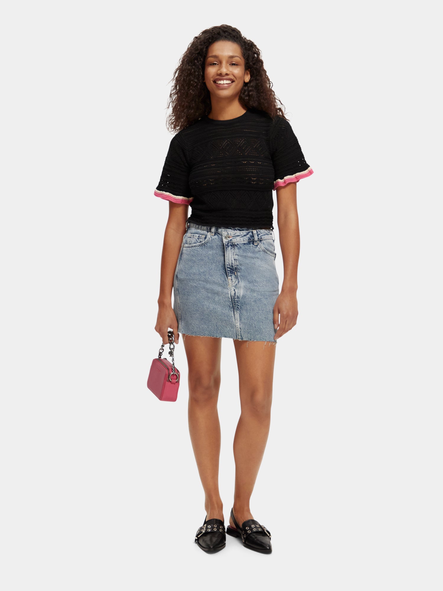 Cross over front washed denim mini skirt - Growing Blauw