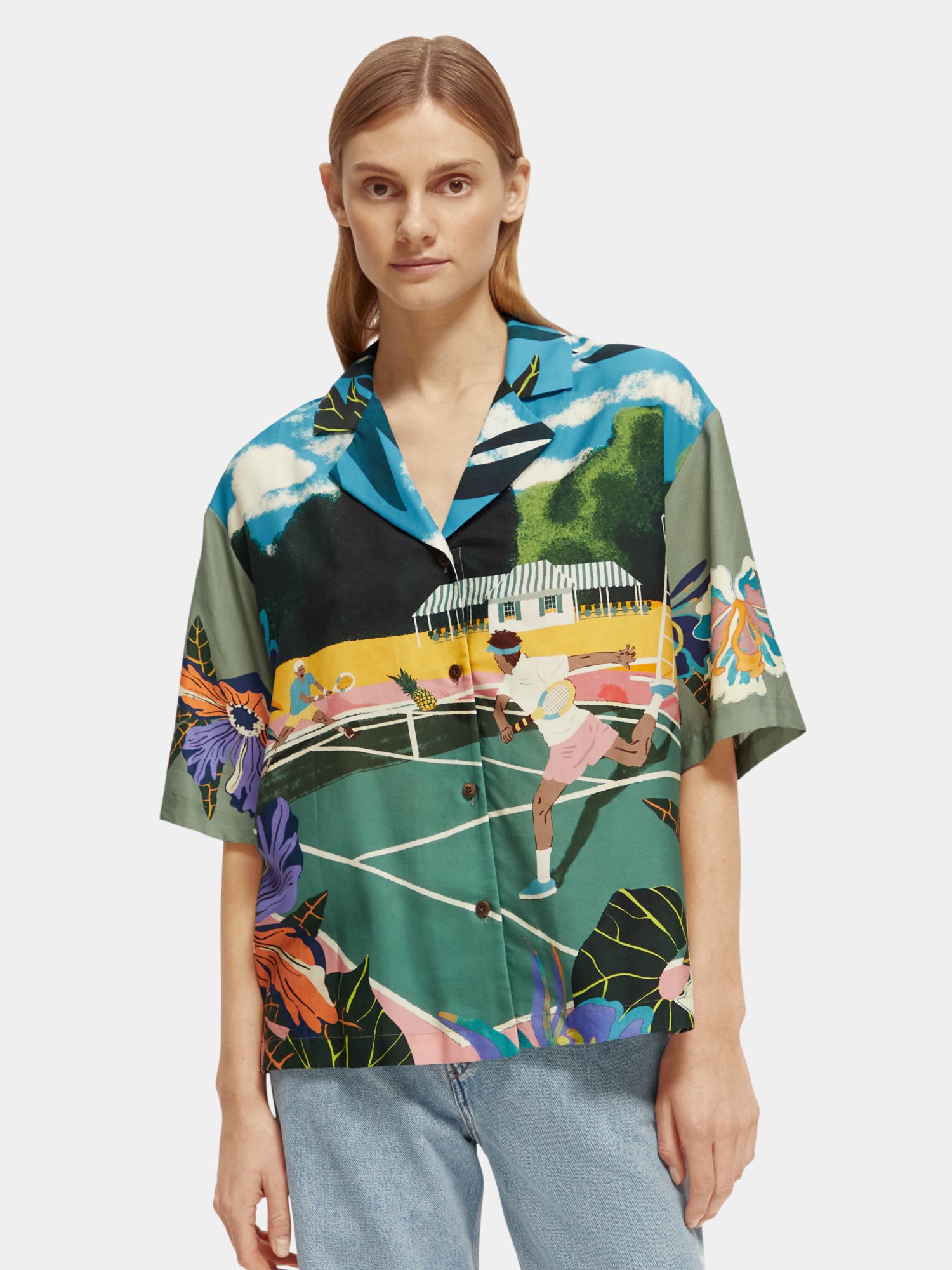 Tencel camp shirt with tennis print - Green Tennis Aop