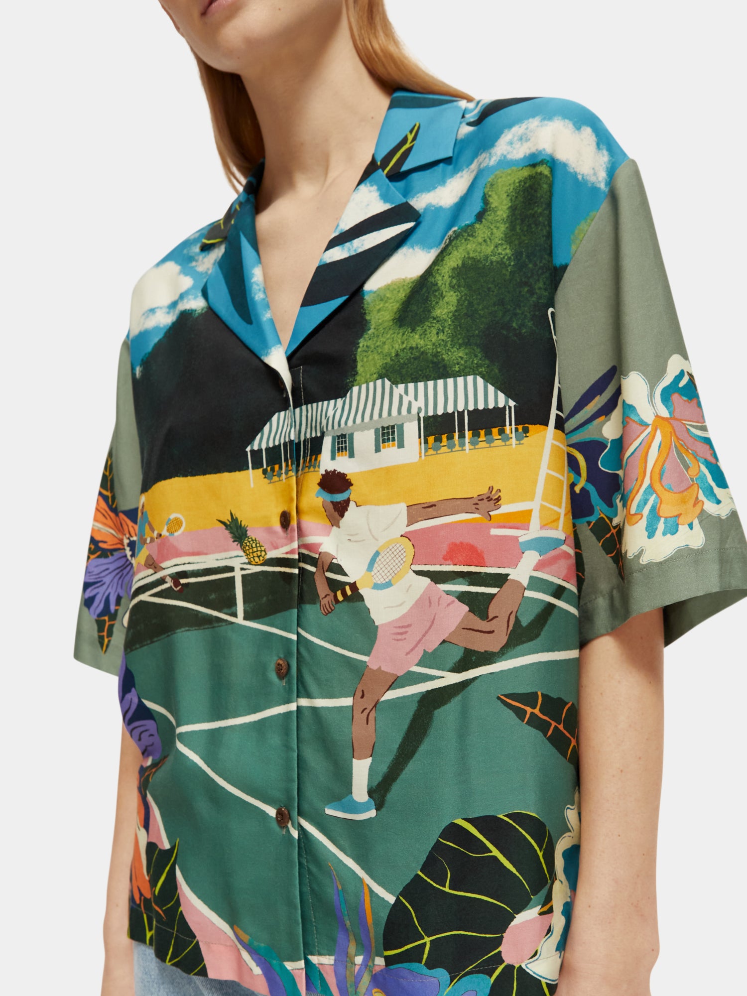 Tencel camp shirt with tennis print - Green Tennis Aop