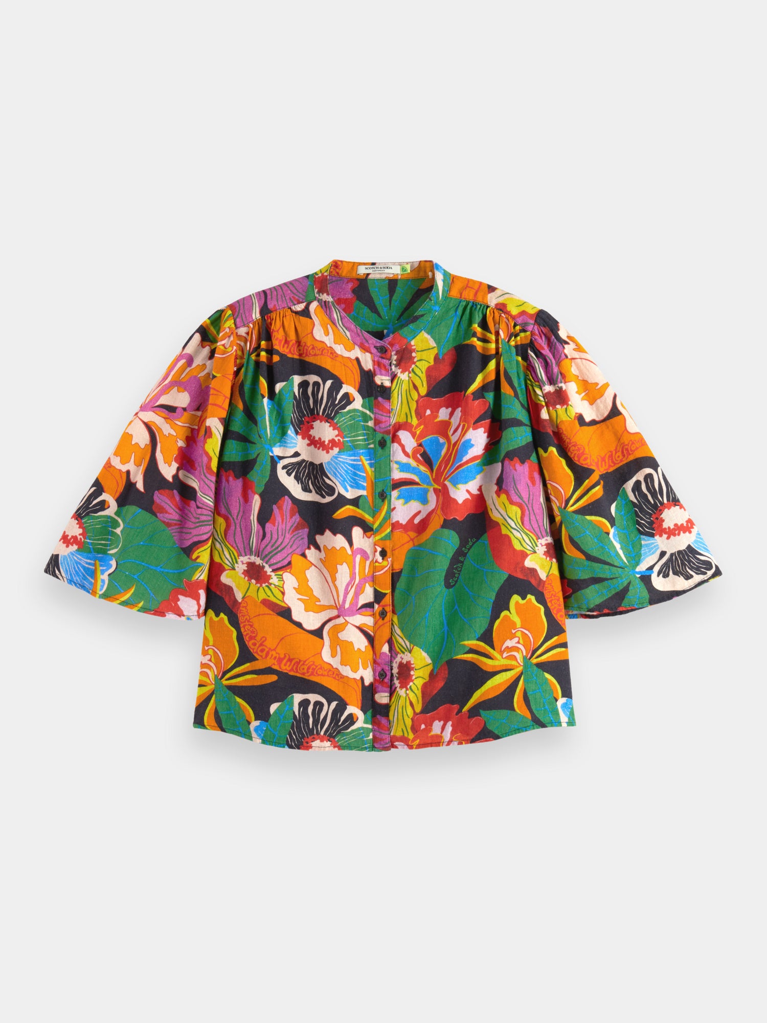 Flutter sleeve linen blend shirt - Floral