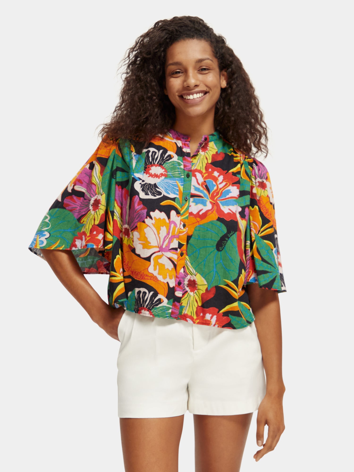 Flutter sleeve linen blend shirt - Floral