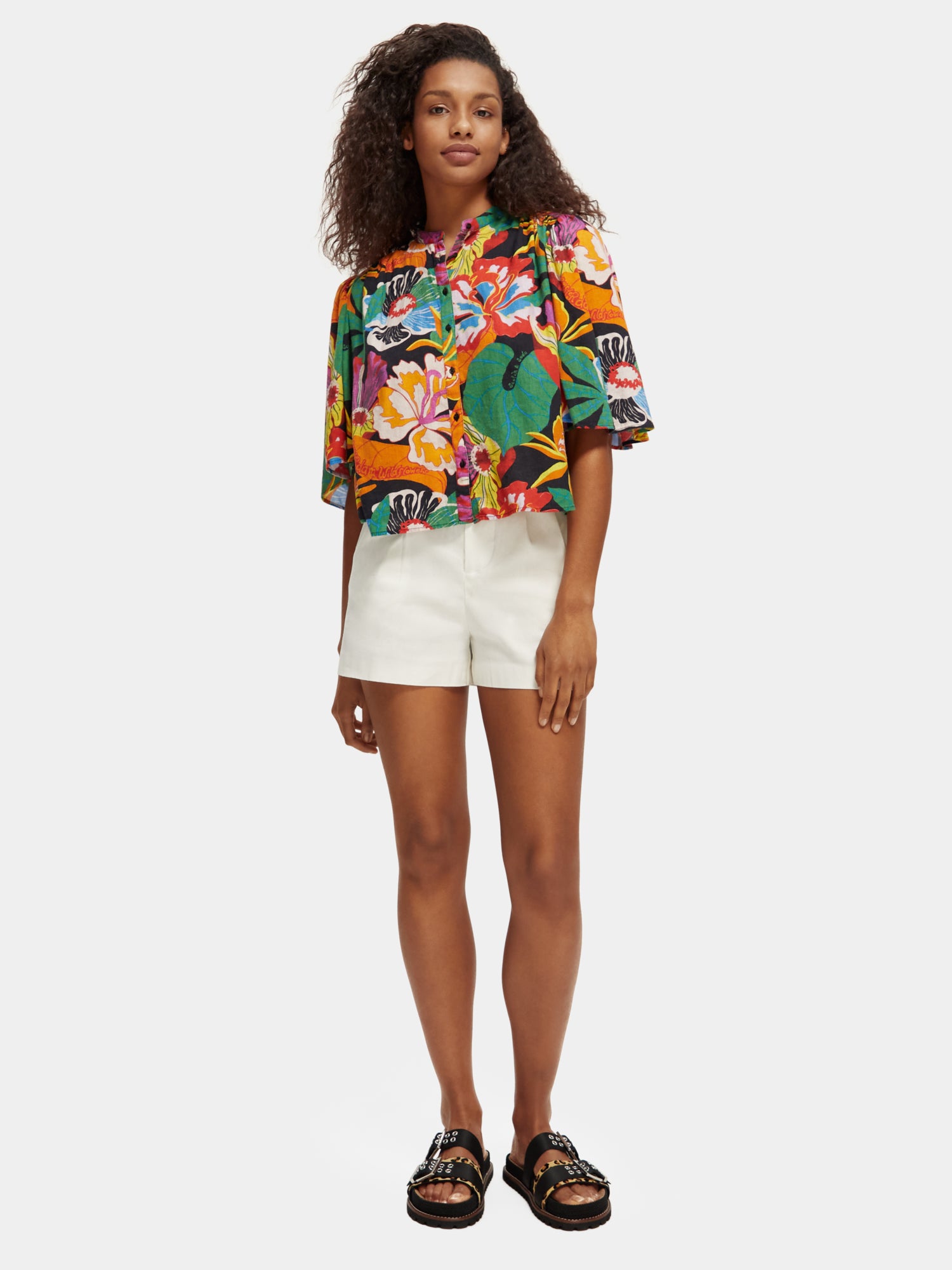 Flutter sleeve linen blend shirt - Floral