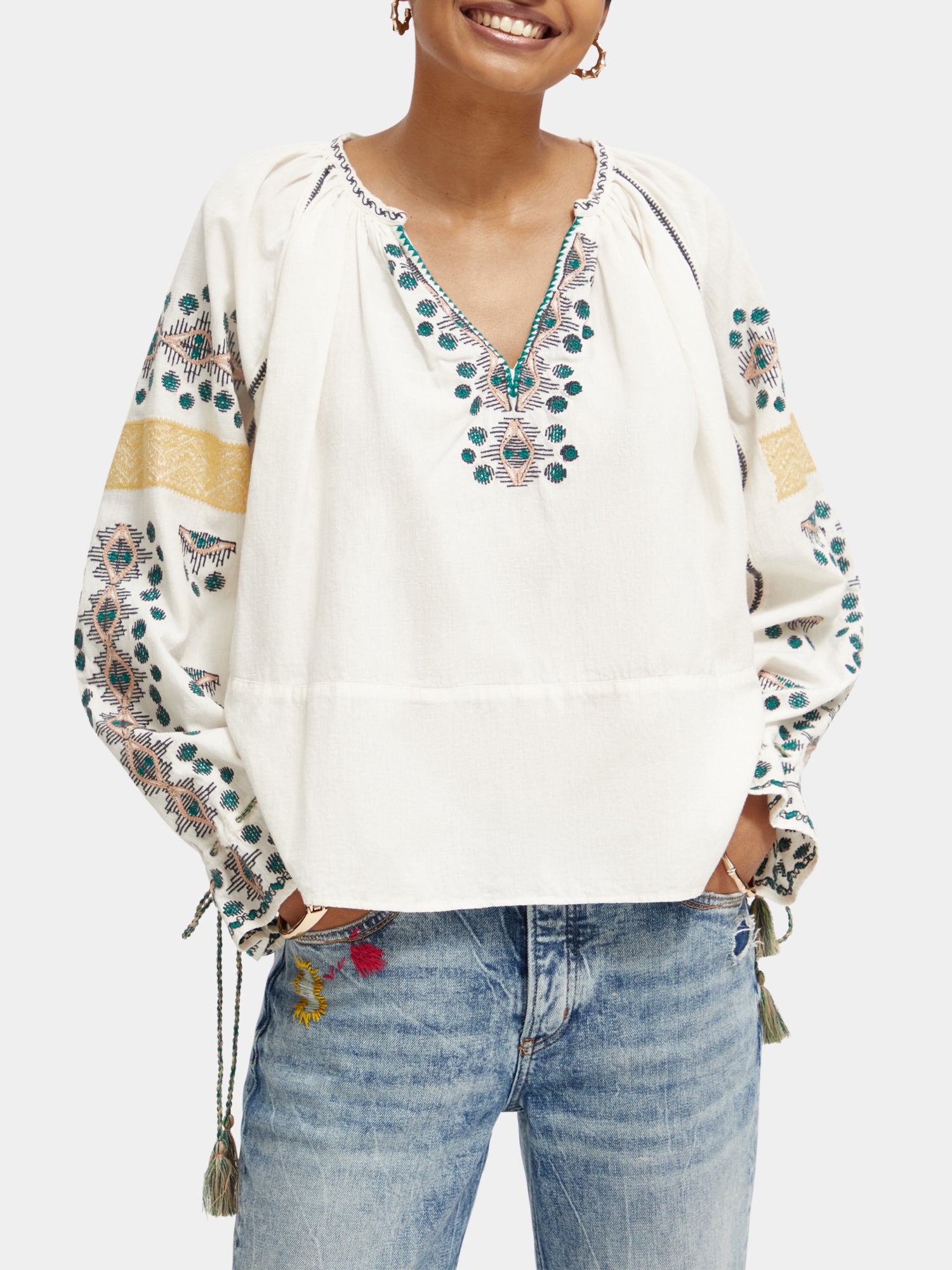 Embroidered linen-blend blouse - Ecru