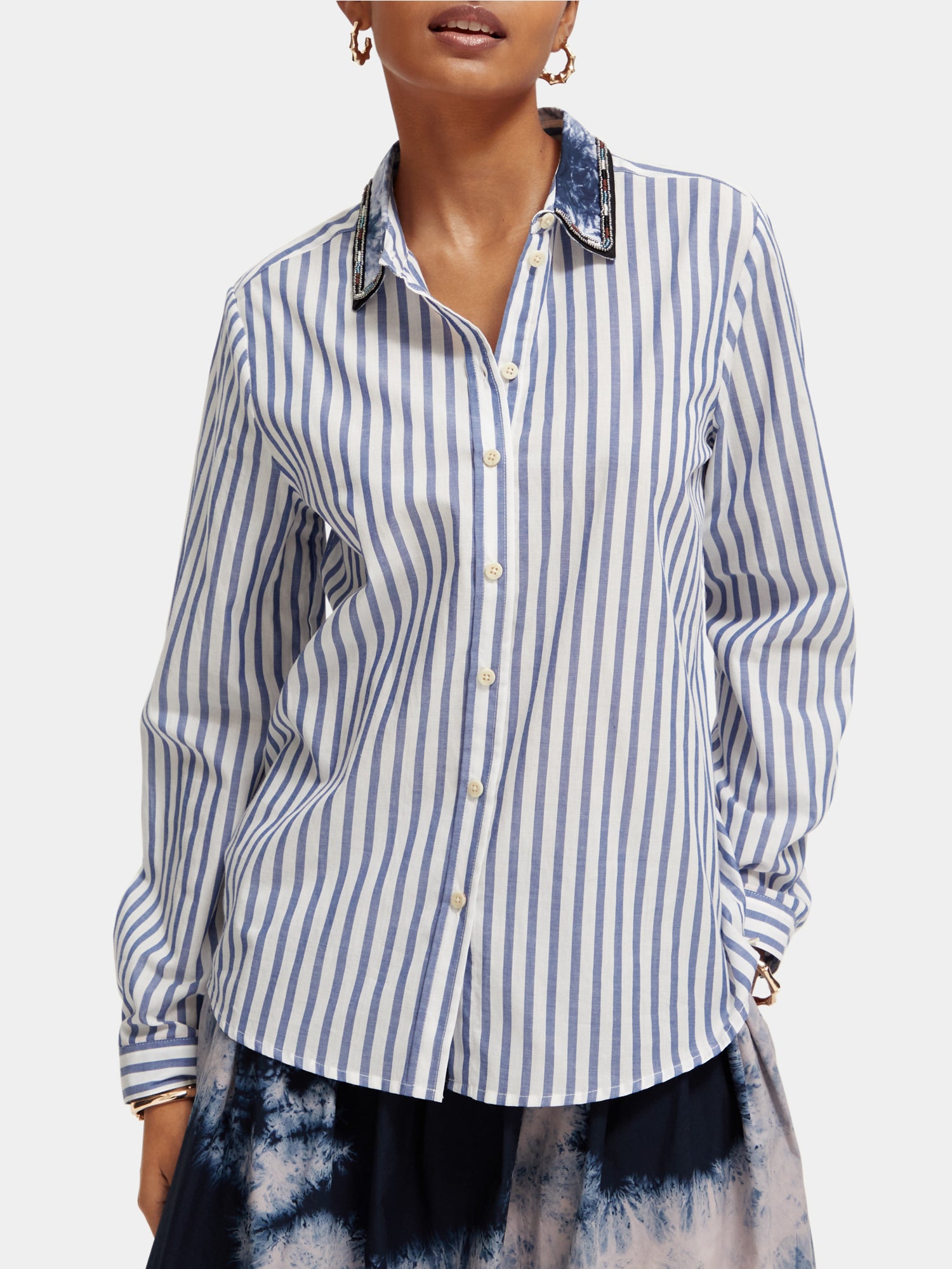 Regular-fit beaded-collar shirt - Blue Stripe