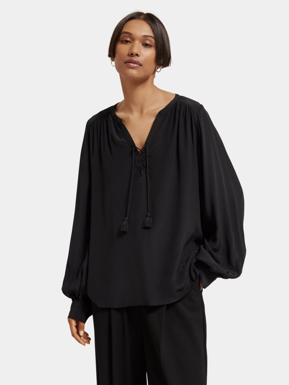 Lace-up blouse with balloon sleeves - Evening Black