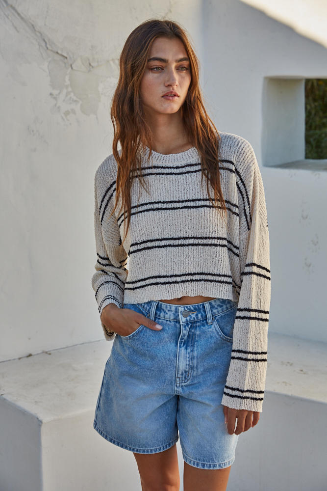 Knit Double Striped Long Sleeve Top - Cream Black