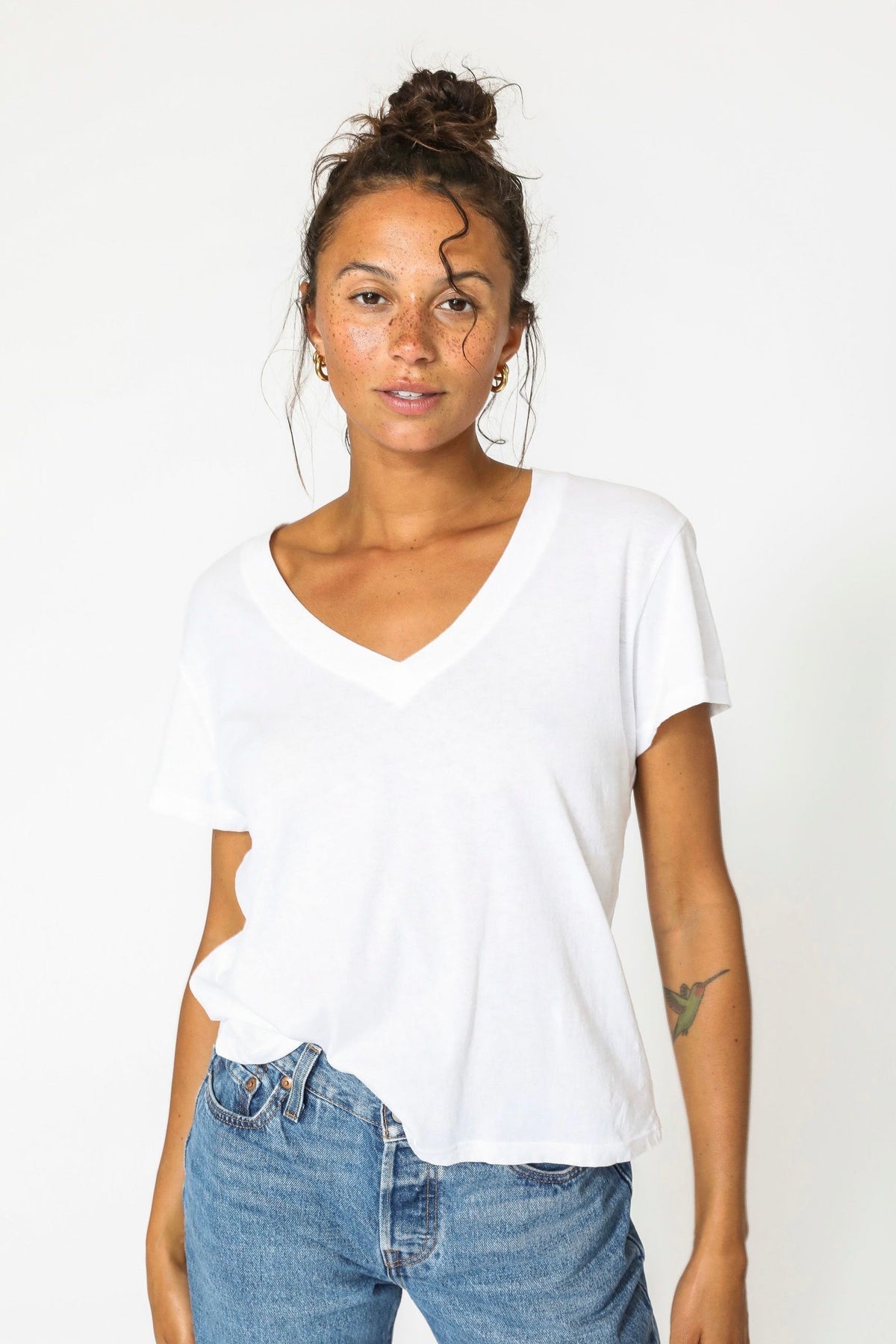 Hendrix Cotton Boxy V Neck Tee - White