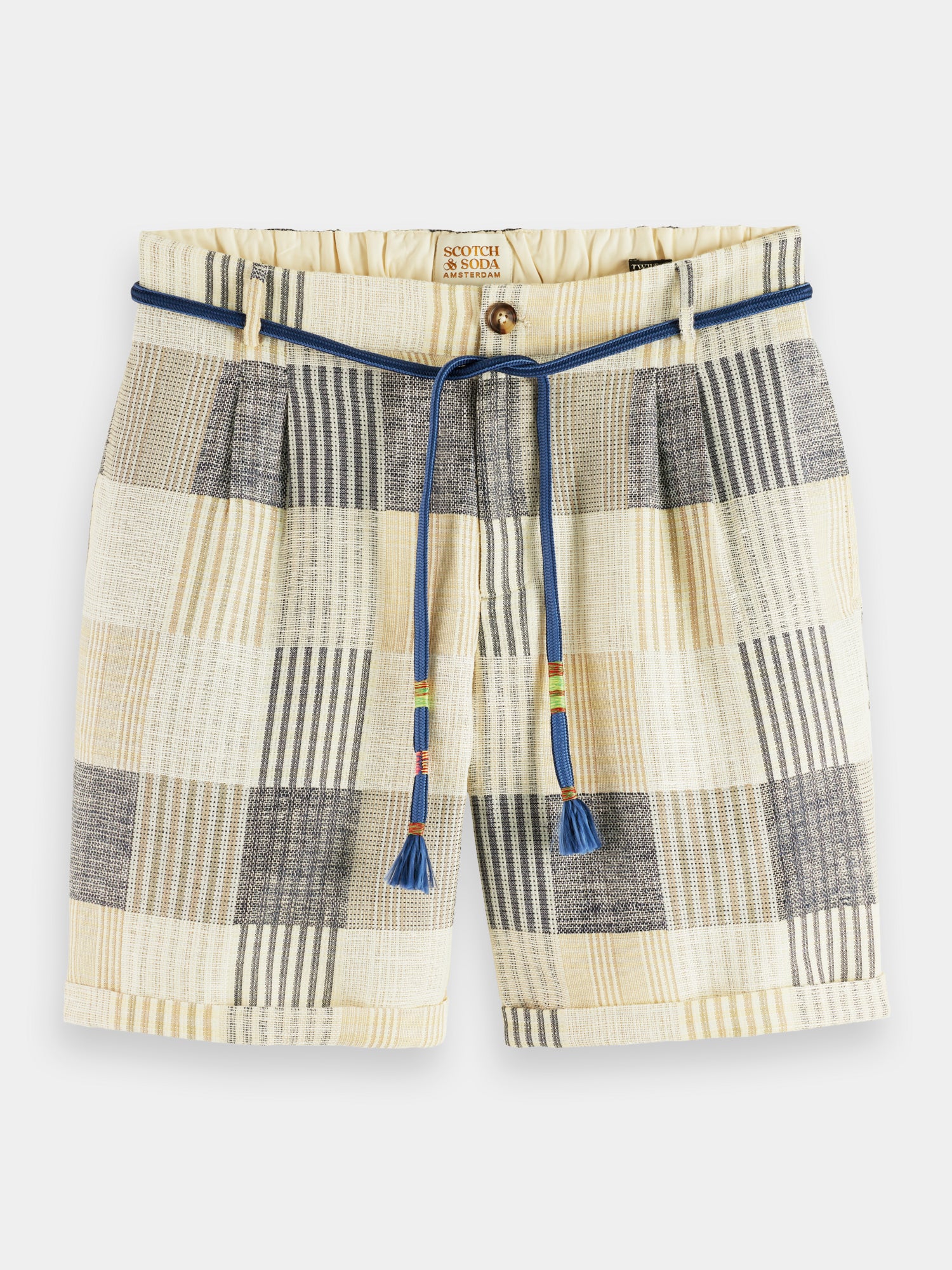Twilt linen blend jacquard check pleated shorts - Blue Check
