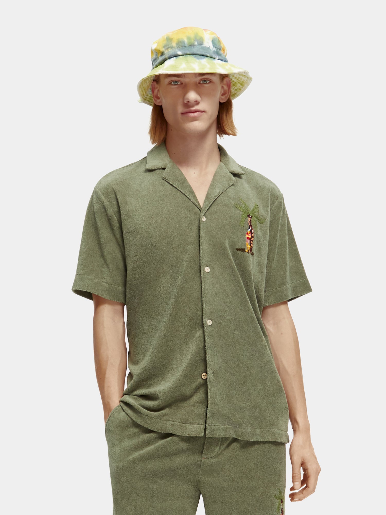 Toweling shirt with embroidery at chest - Army