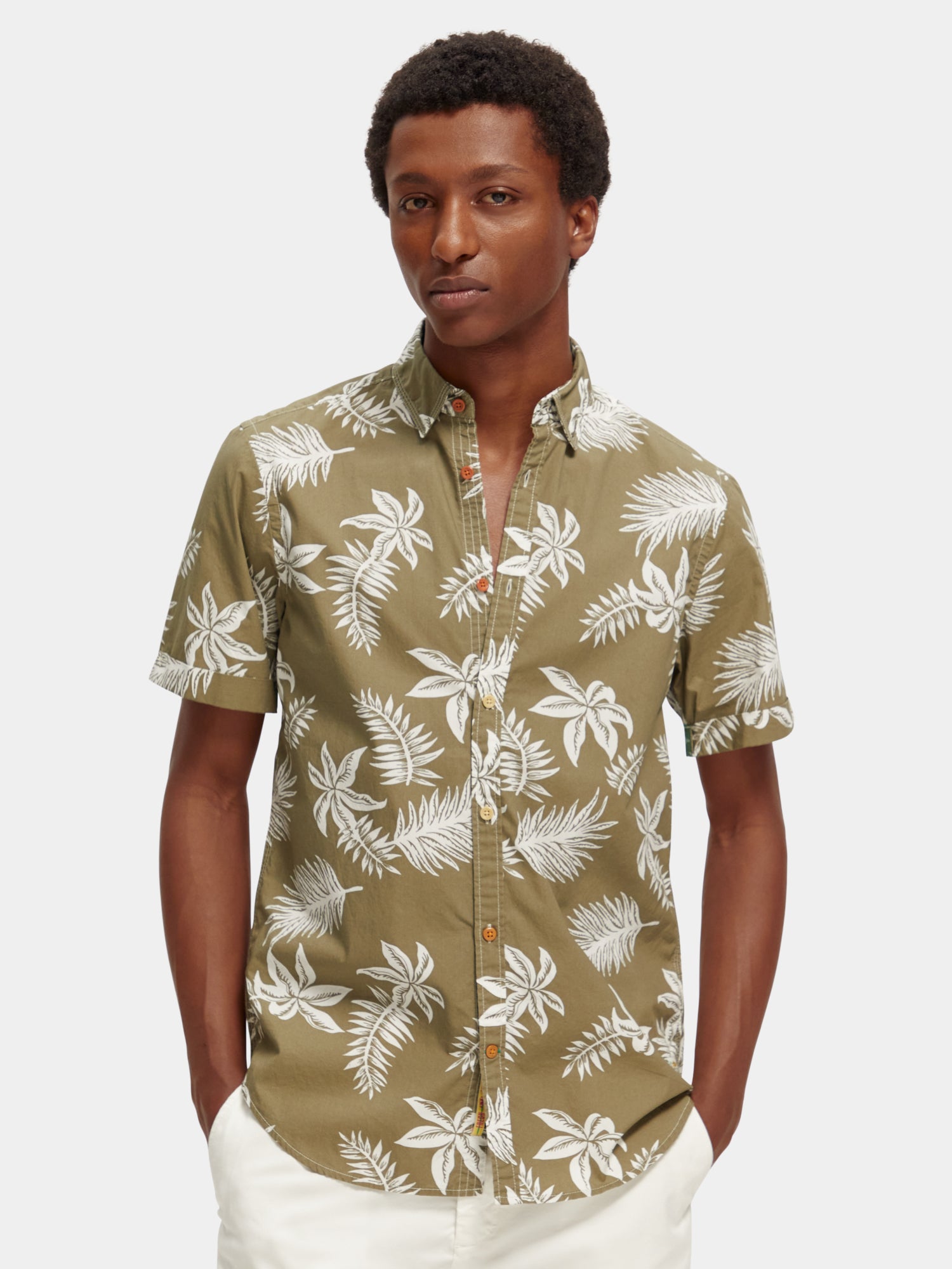 Printed & washed short-sleeved poplin shirt - Khaki Leaf