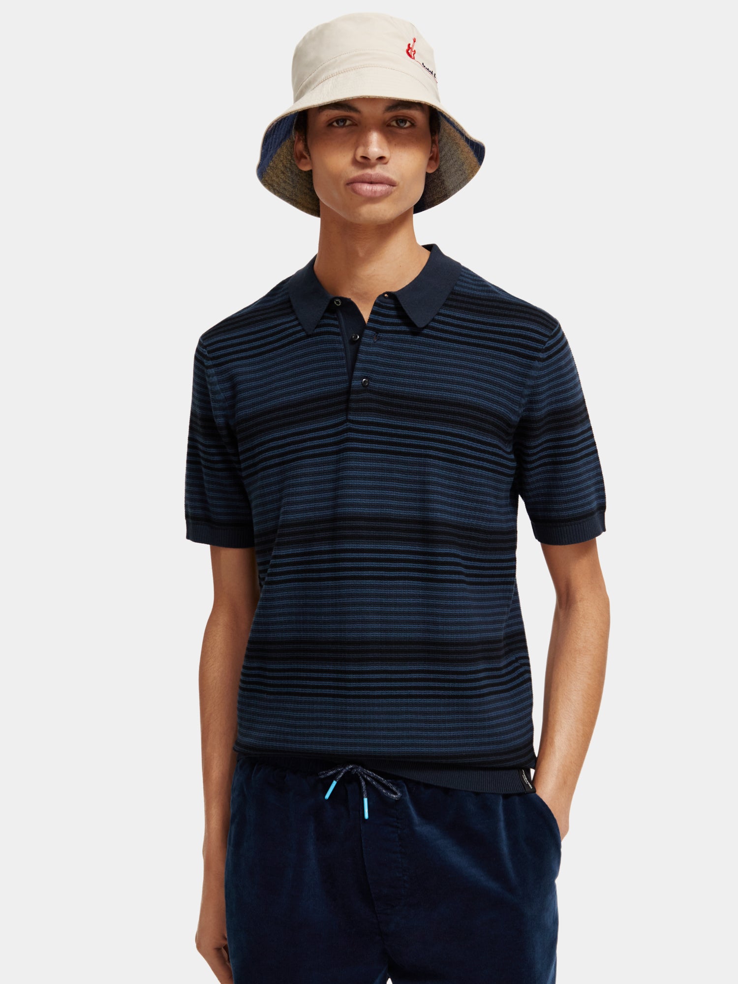 Structure knitted polo shirt - Blue Stripe