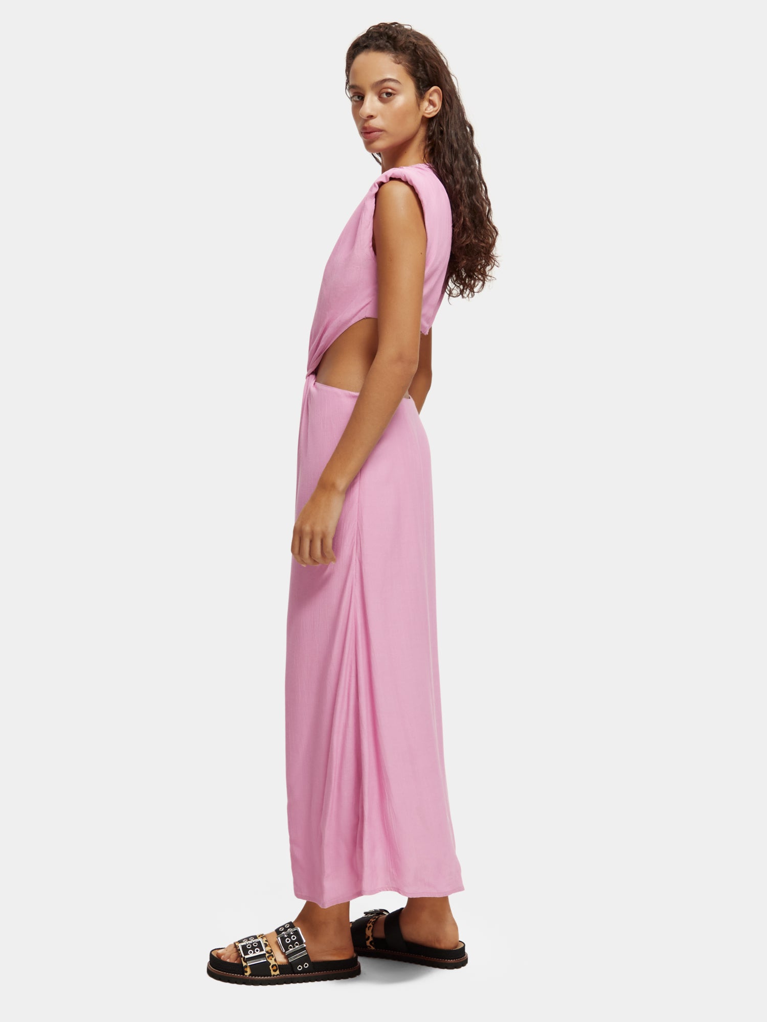 Draped structured shoulder midi dress - Orchid Pink