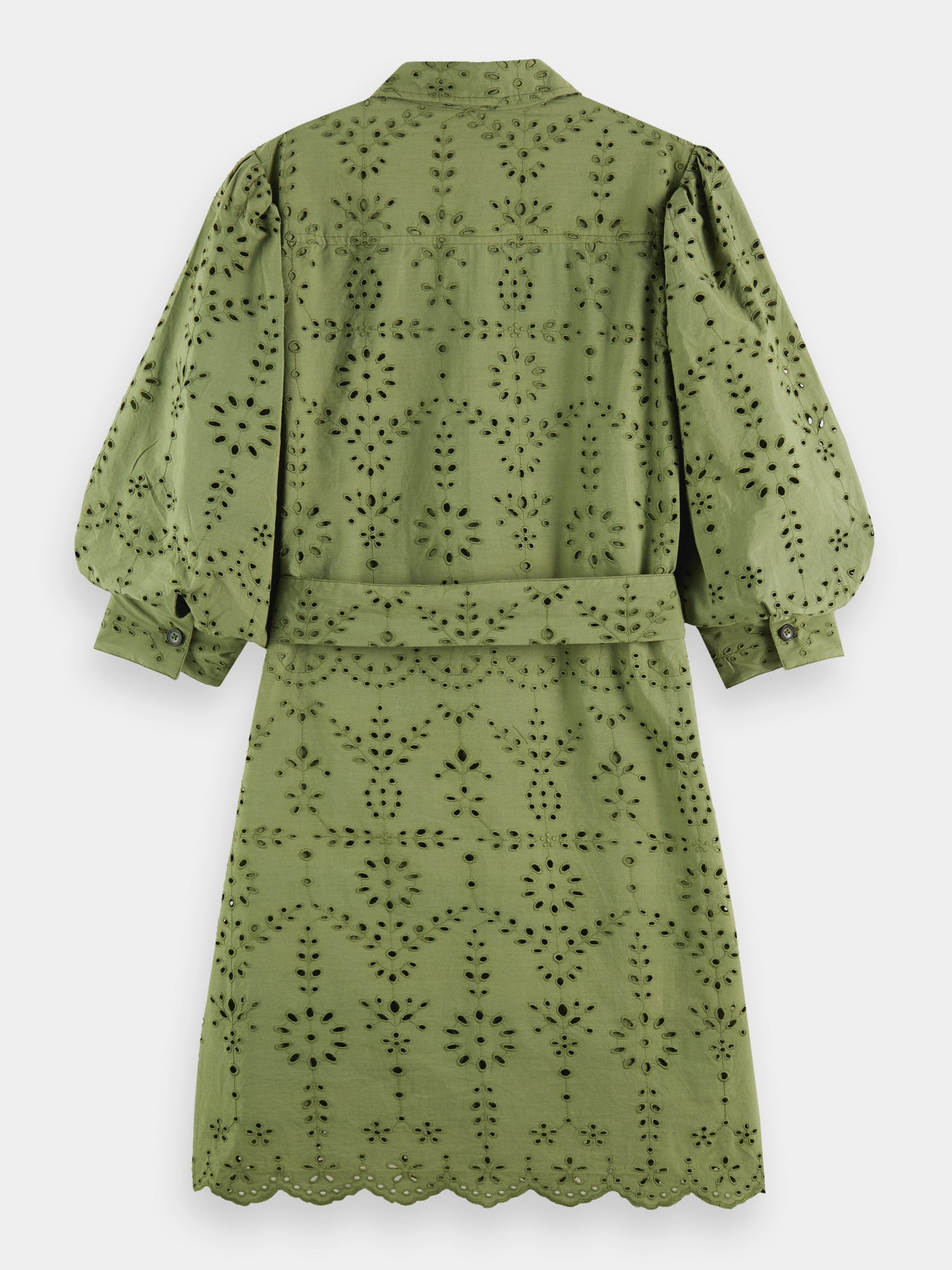 Puff sleeve embroidered shirt dress - Olive Green