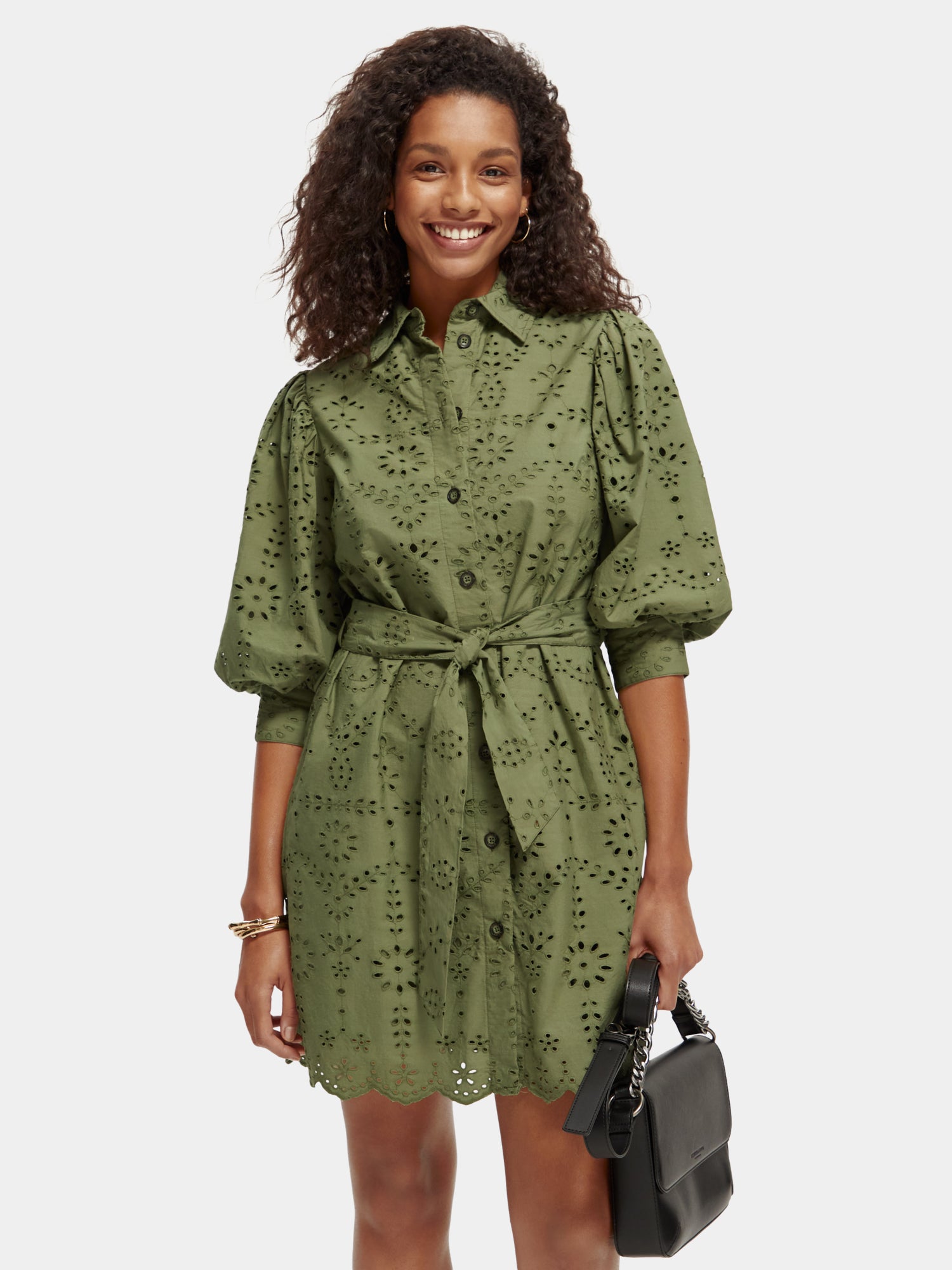 Puff sleeve embroidered shirt dress - Olive Green