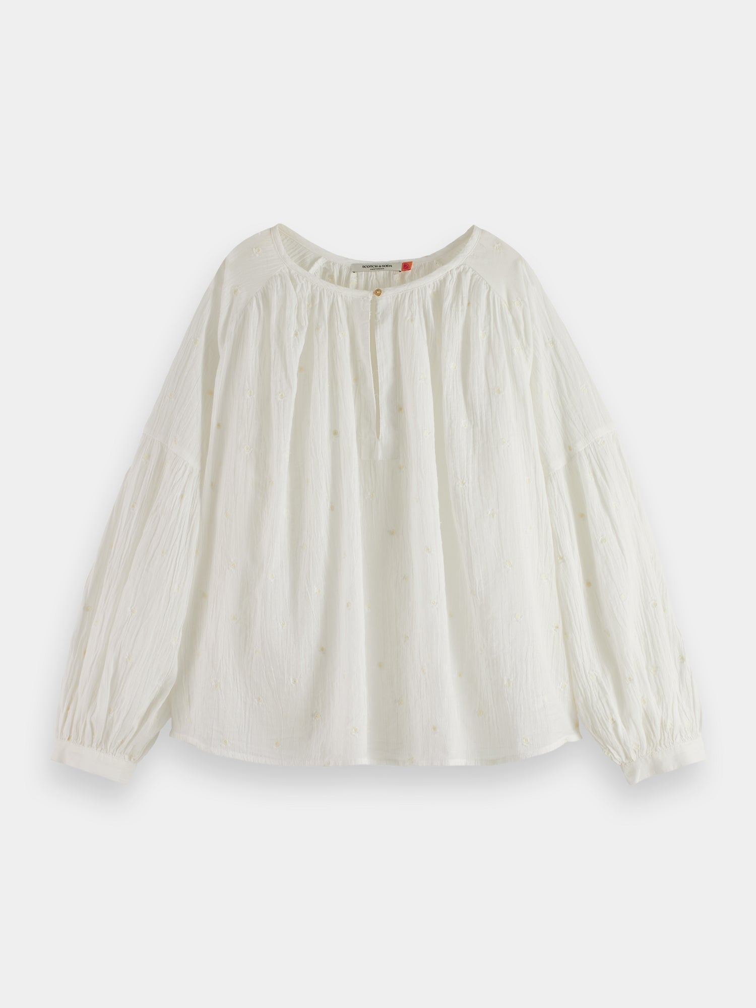 Voluminous popover top with allover embroidery - White