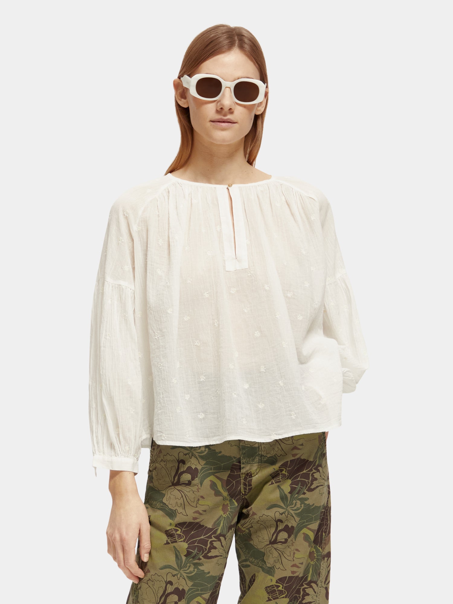 Voluminous popover top with allover embroidery - White