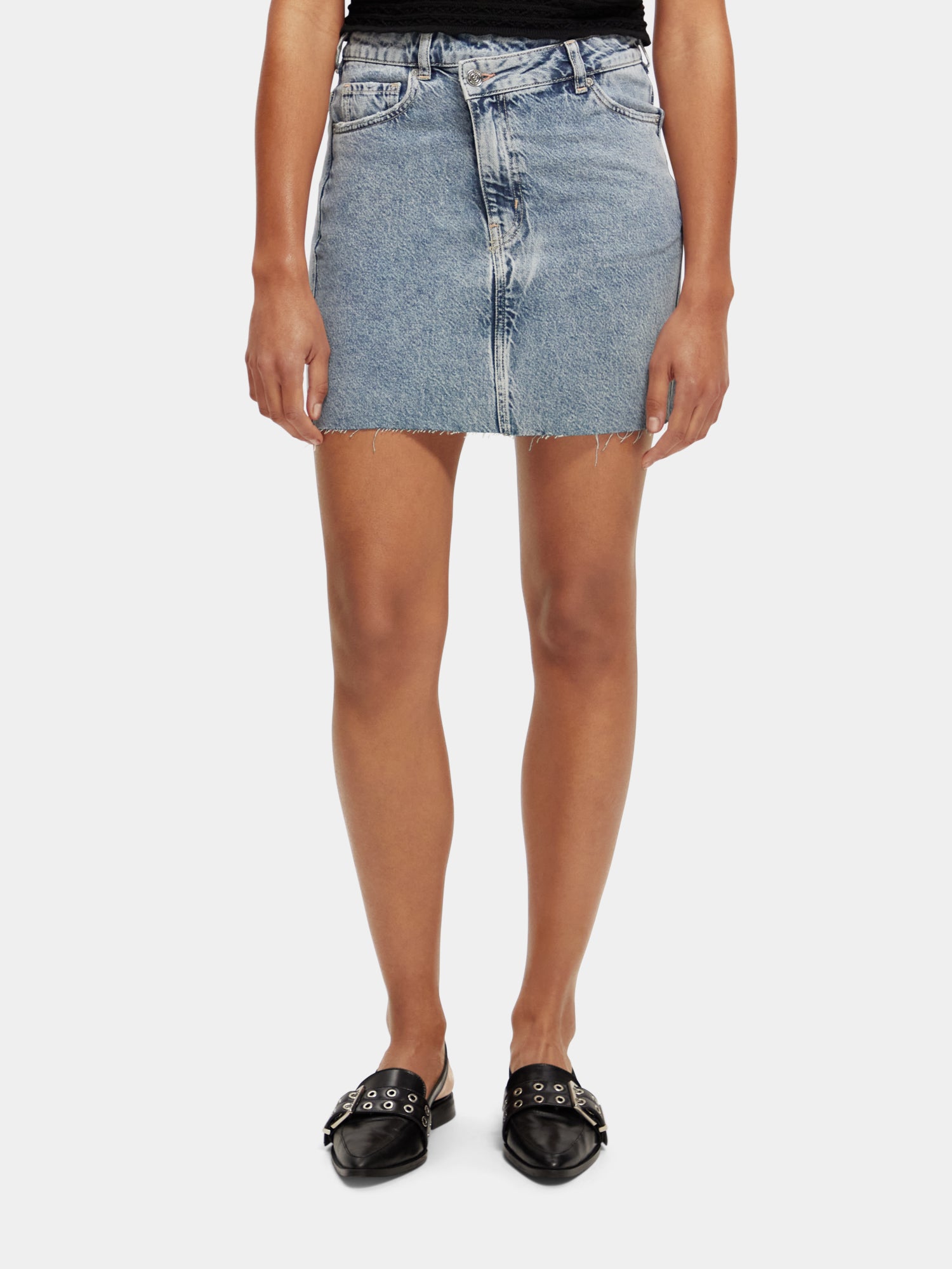 Cross over front washed denim mini skirt - Growing Blauw