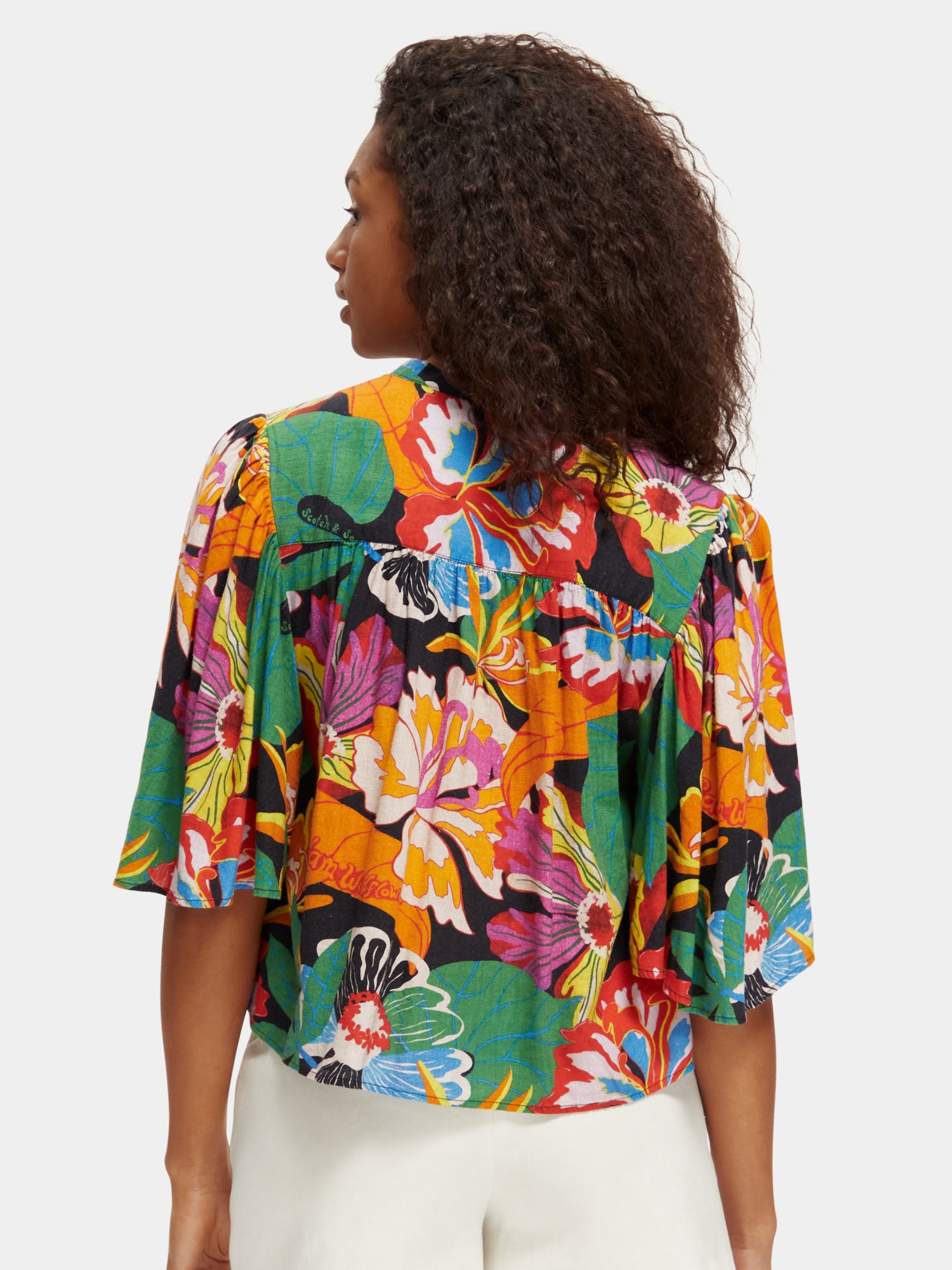 Flutter sleeve linen blend shirt - Floral