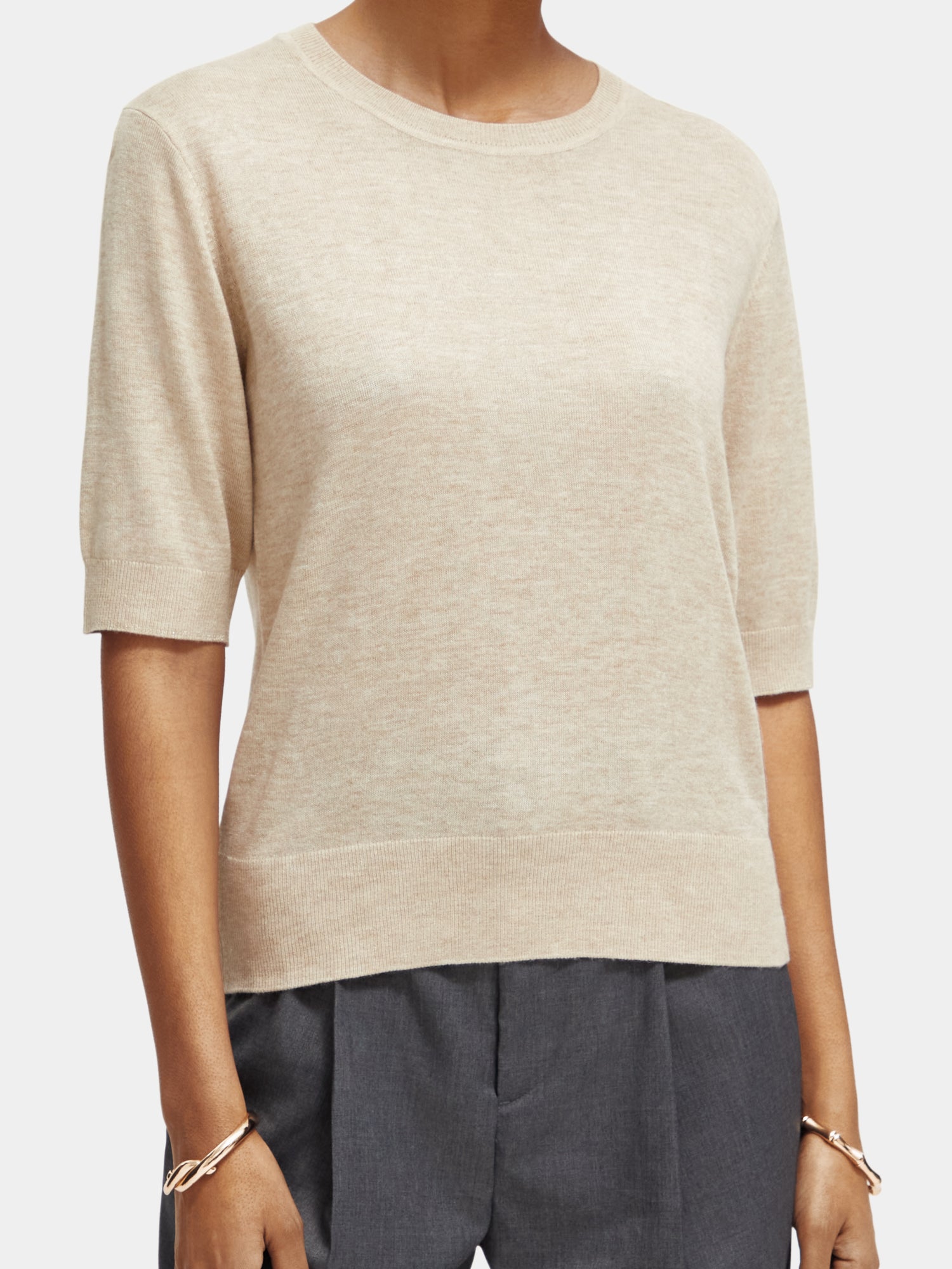 Short sleeved crewneck sweater - Oatmeal Melange