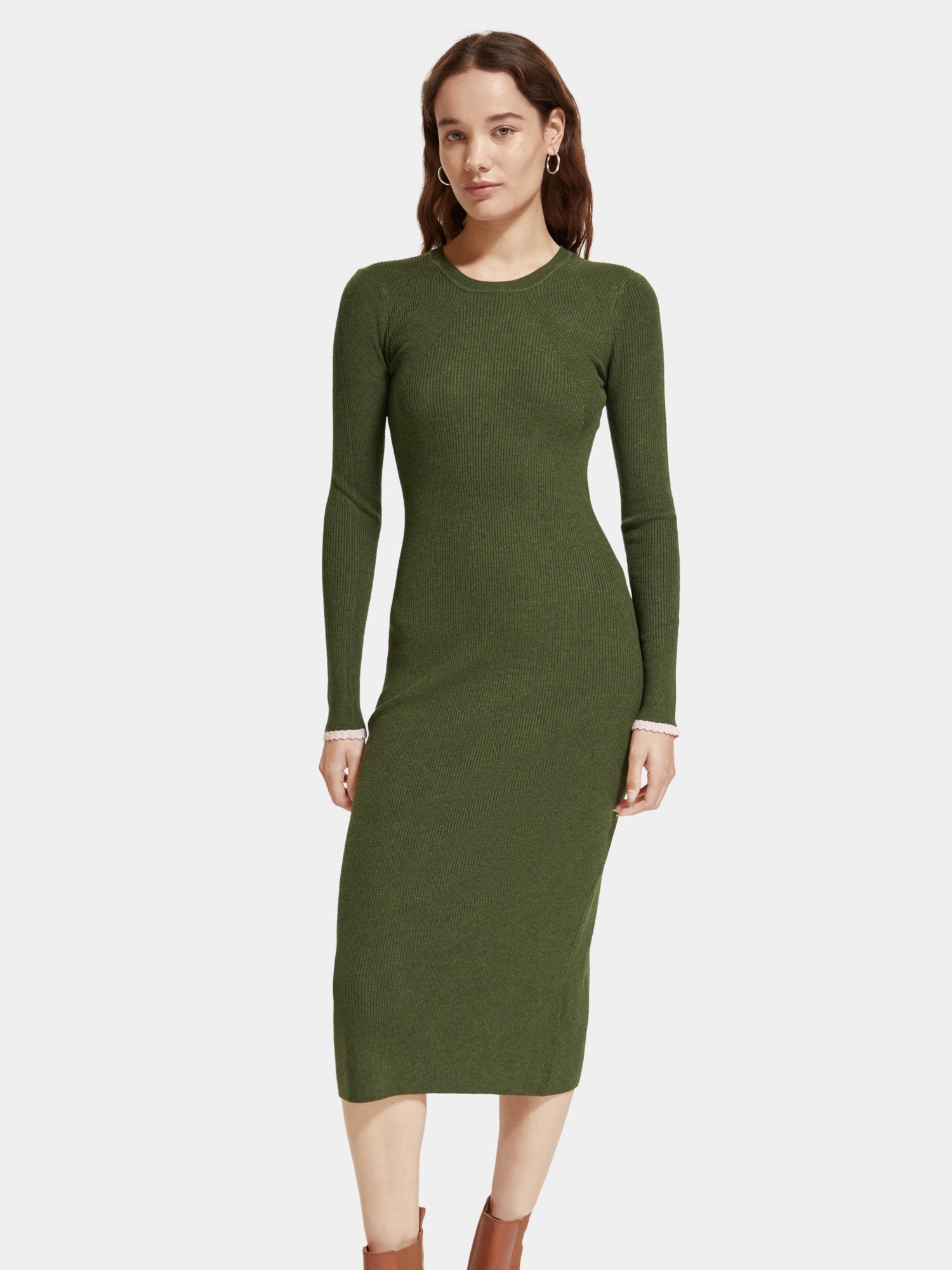 Long sleeved rib knitted midi dress - Field Green Melange