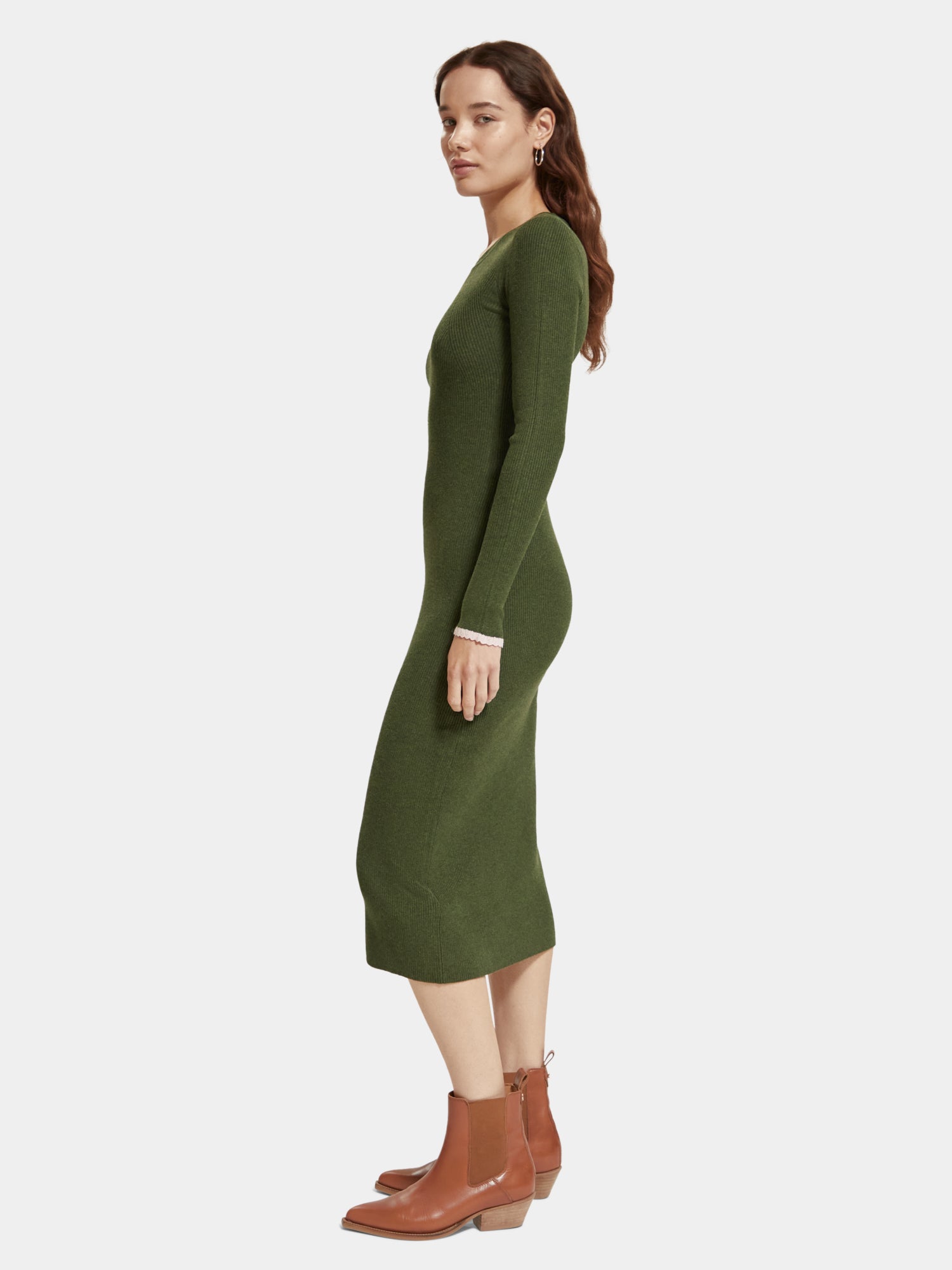 Long sleeved rib knitted midi dress - Field Green Melange
