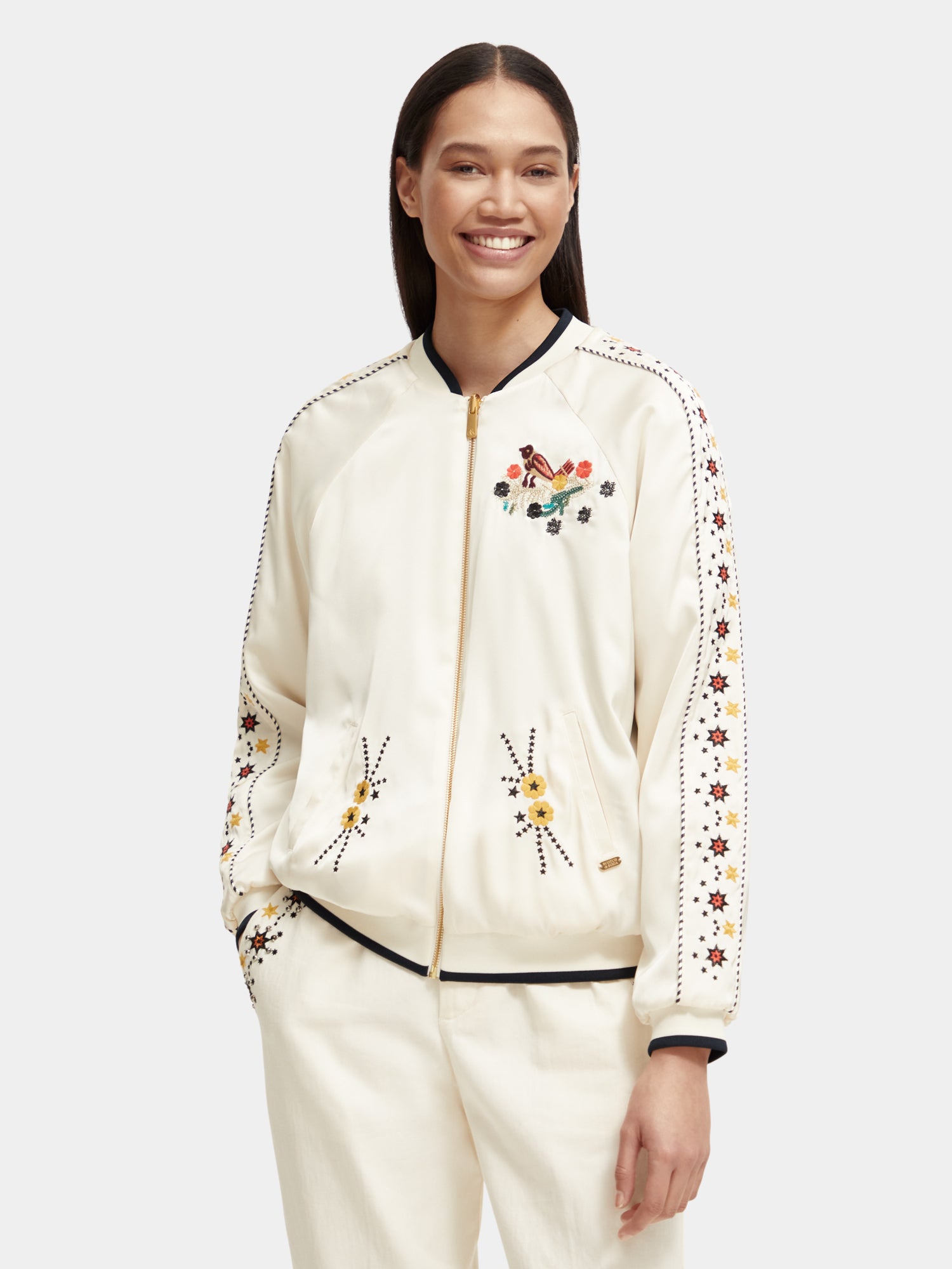 Reversible embroidered bomber jacket - Ecru