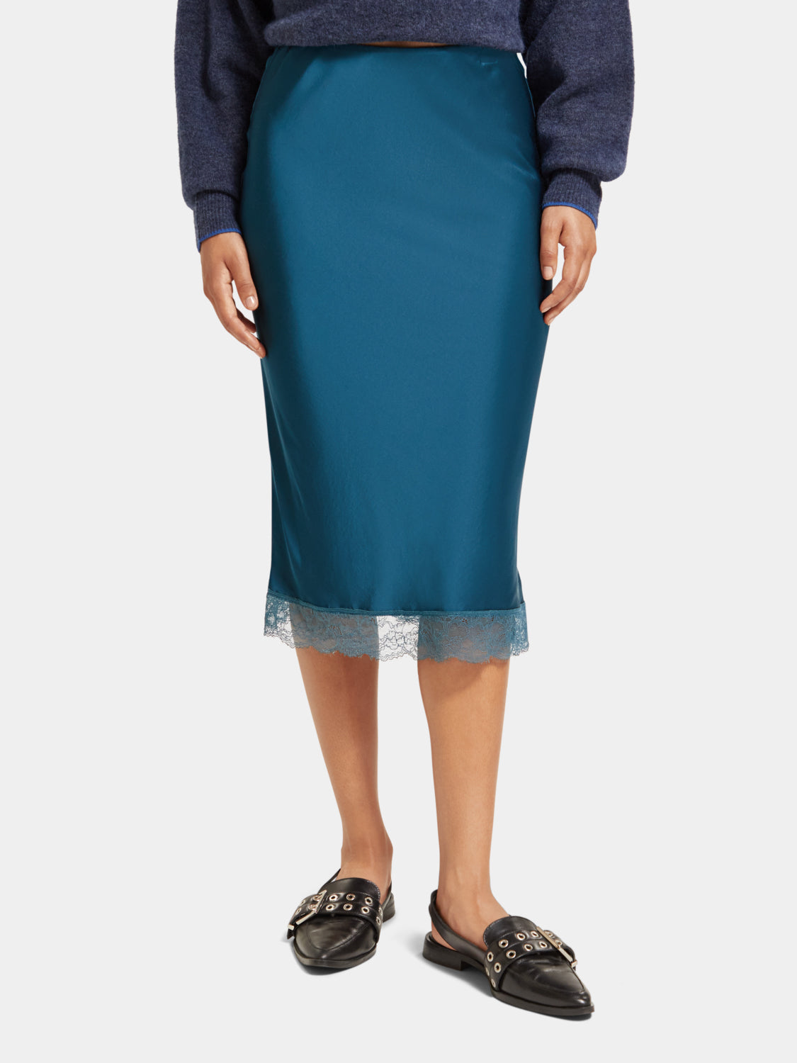 Satin midi skirt with lace detail - Dark Teal