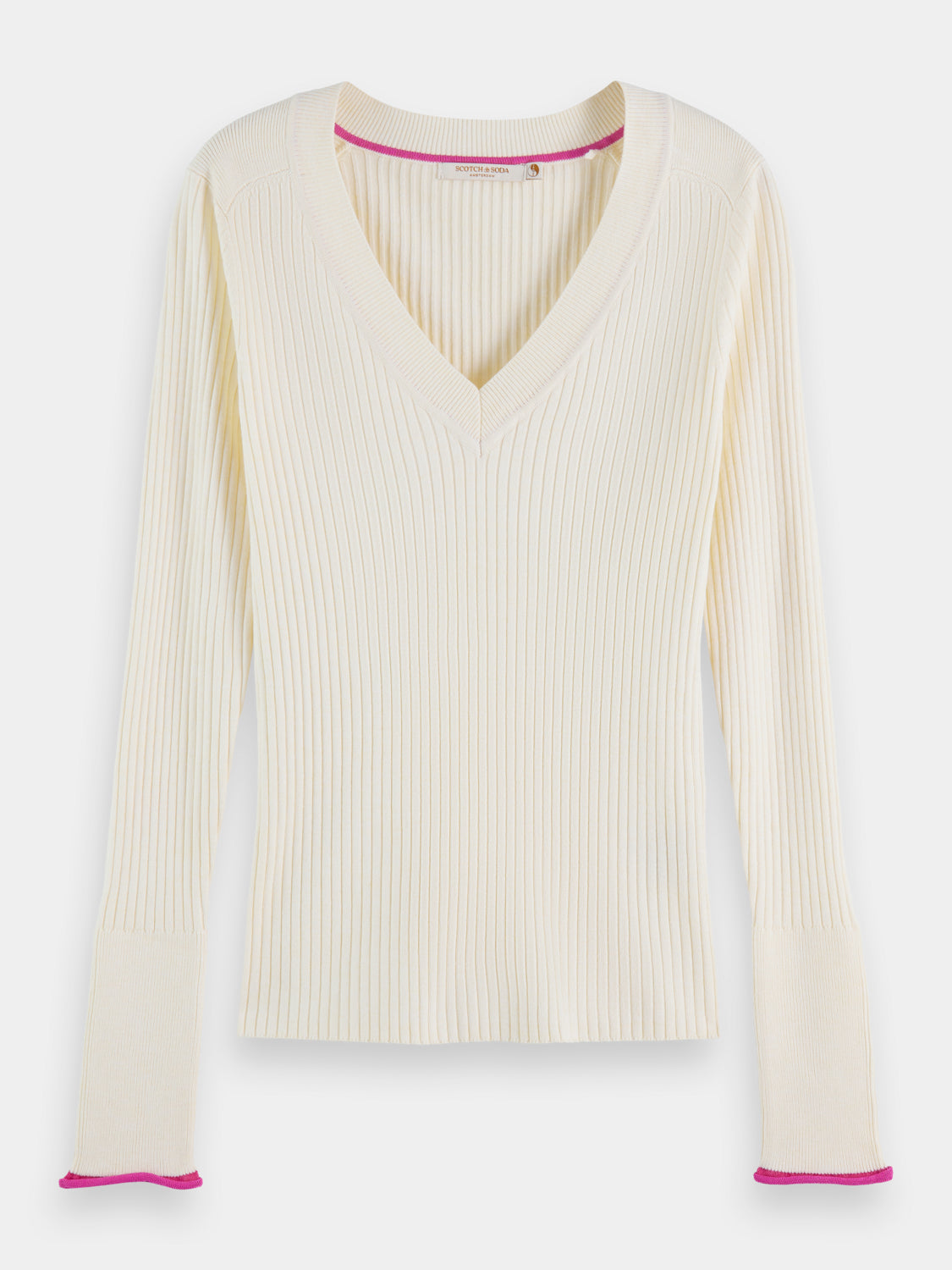 Skinny rib v-neck sweater - Ecru Melange