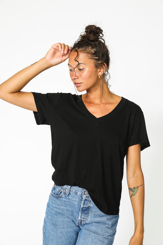 Hendrix Cotton Boxy V Neck Tee - True Black