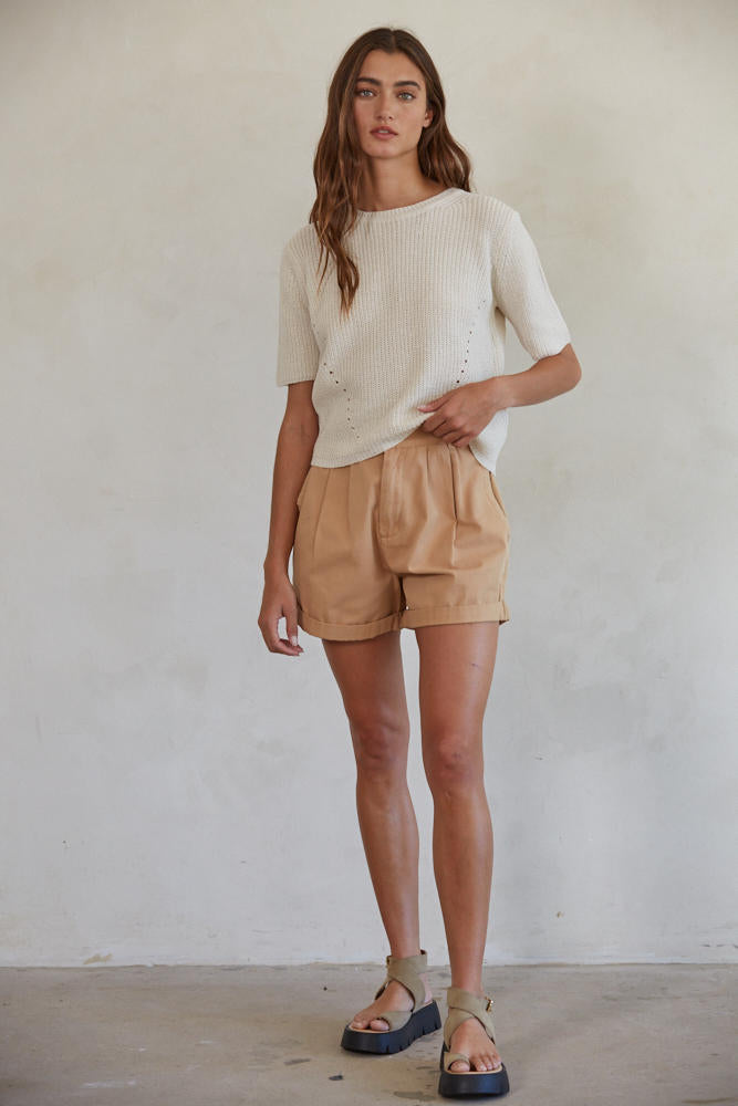 Knit Sweater Round Neck Wrap Back Short Sleeve Top - Natural