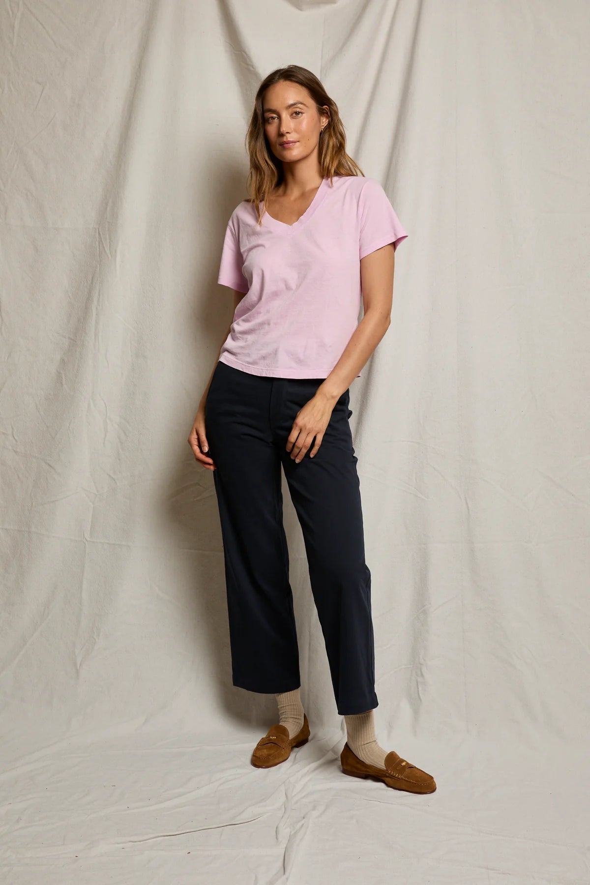 Hendrix Cotton Boxy V Neck Tee - Sugar Pink