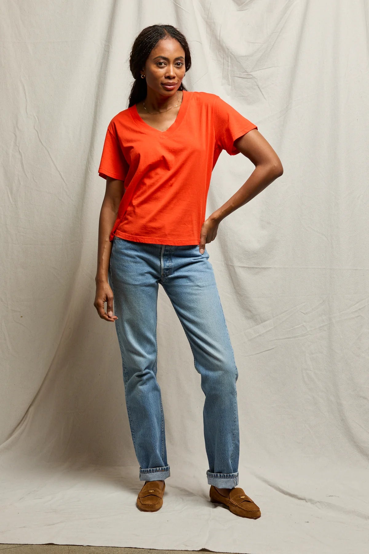 Hendrix Cotton Boxy V Neck Tee - Tomato