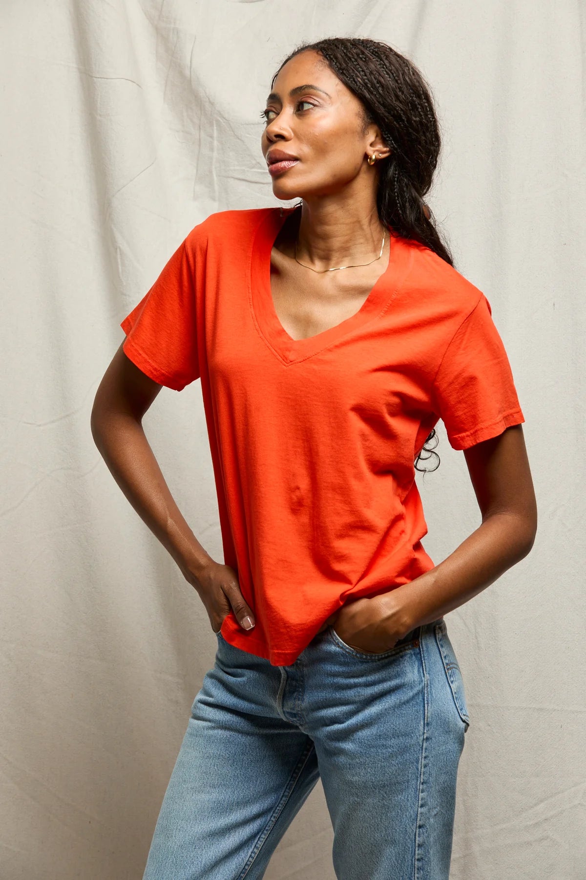 Hendrix Cotton Boxy V Neck Tee - Tomato
