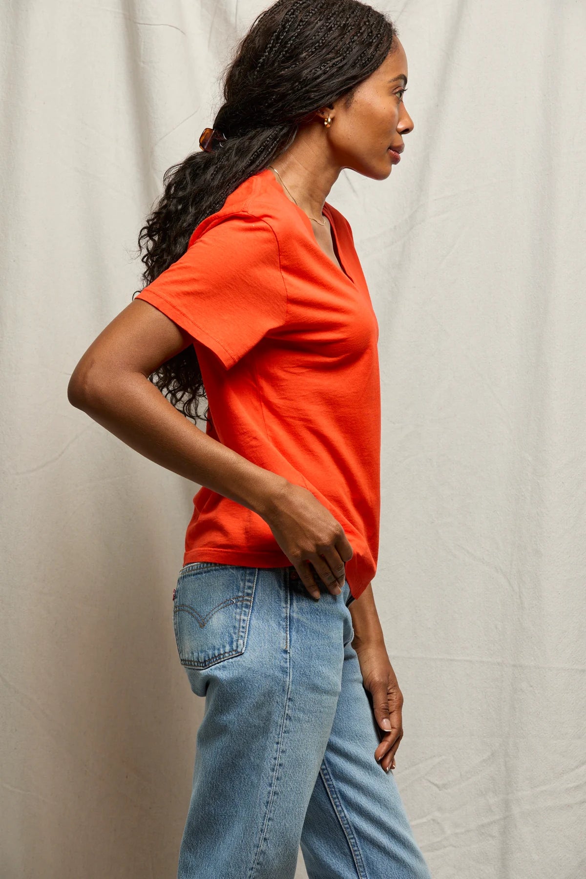 Hendrix Cotton Boxy V Neck Tee - Tomato