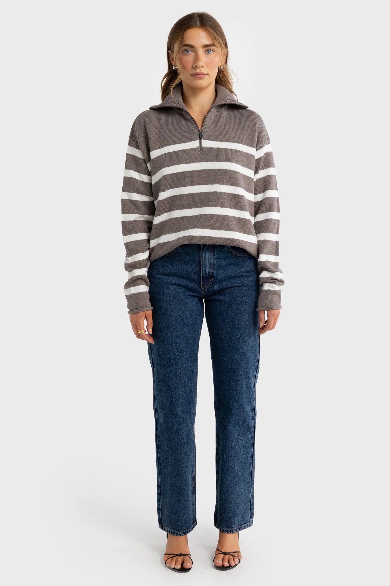 Astrid Knit Quarter Zip - Espresso Stripe