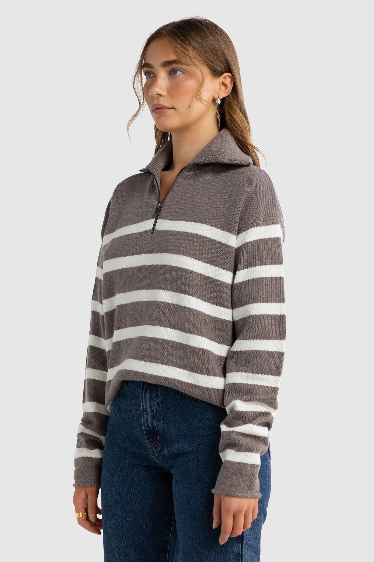 Astrid Knit Quarter Zip - Espresso Stripe